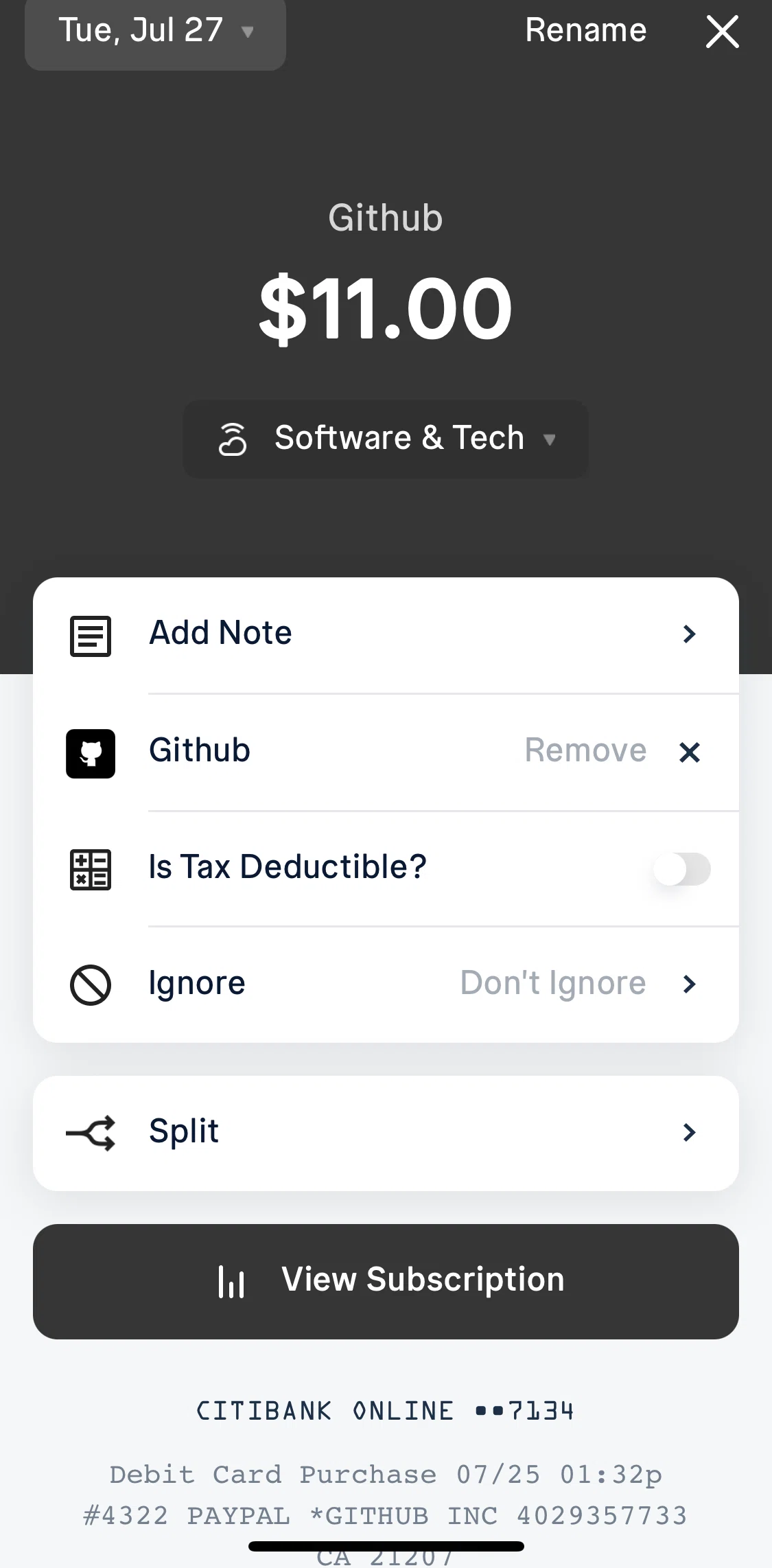 Truebill Screen screen in the Marking as tax deductible flow
