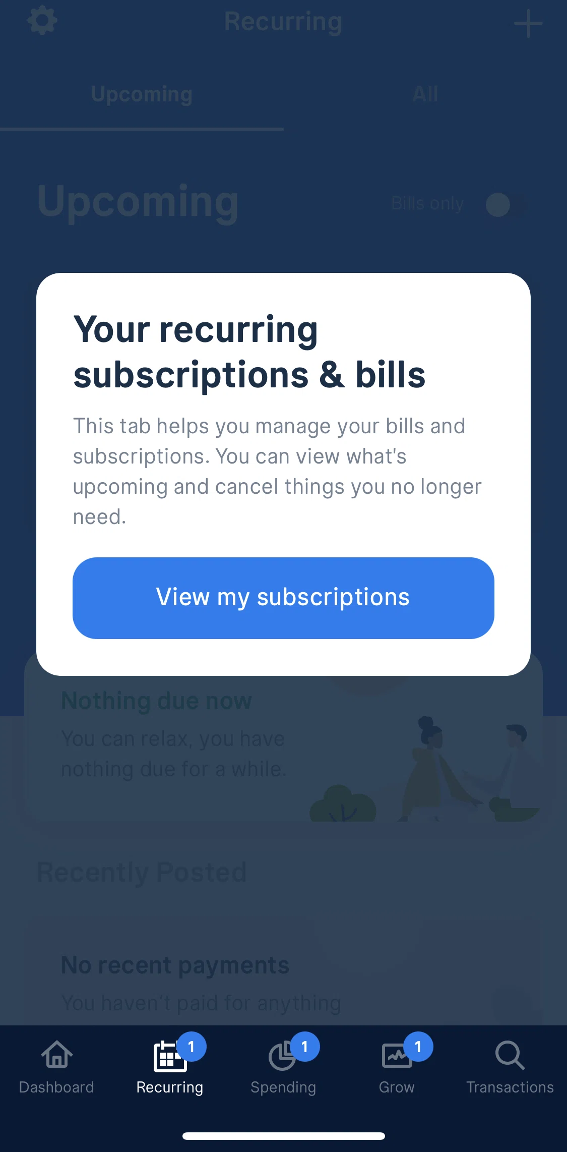 Truebill Screen screen in the Recurring flow