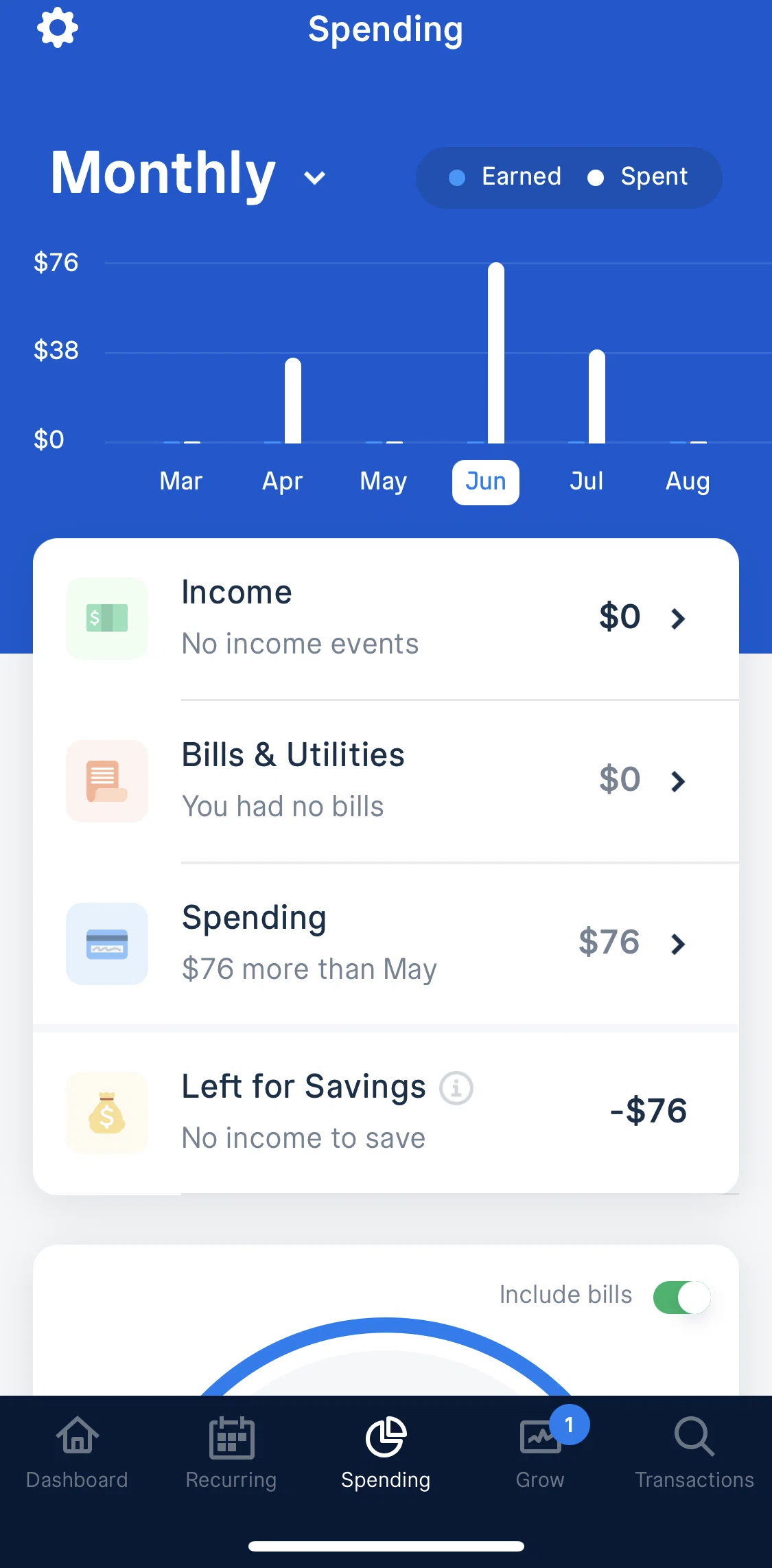 Truebill Screen screen in the Selecting a time period flow