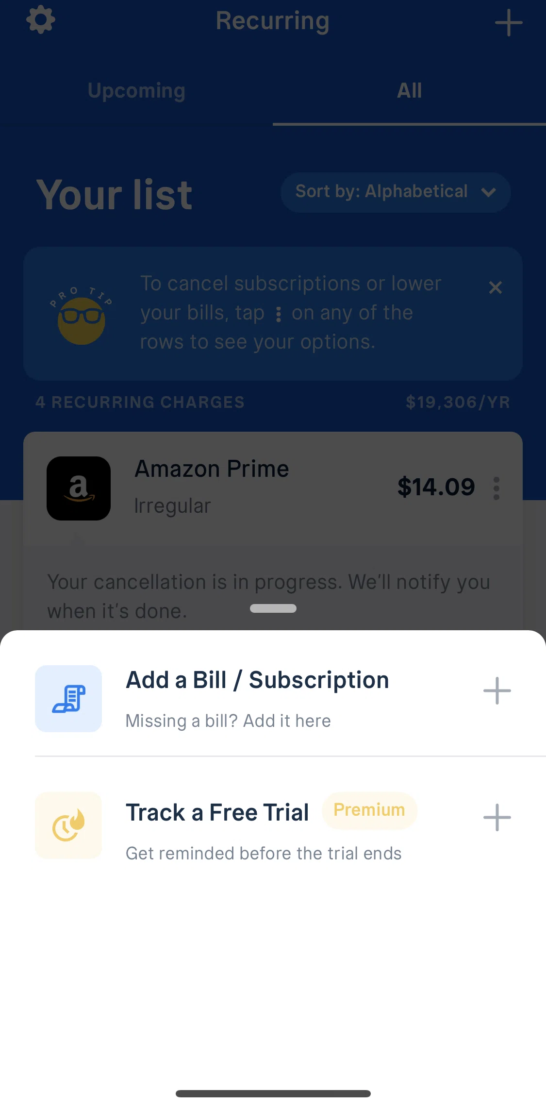 Truebill Screen screen in the Tracking a free trial flow