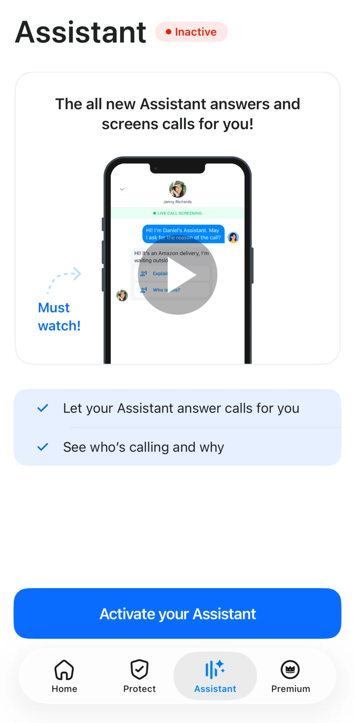 Truecaller Screen screen in the Activating an assistant flow