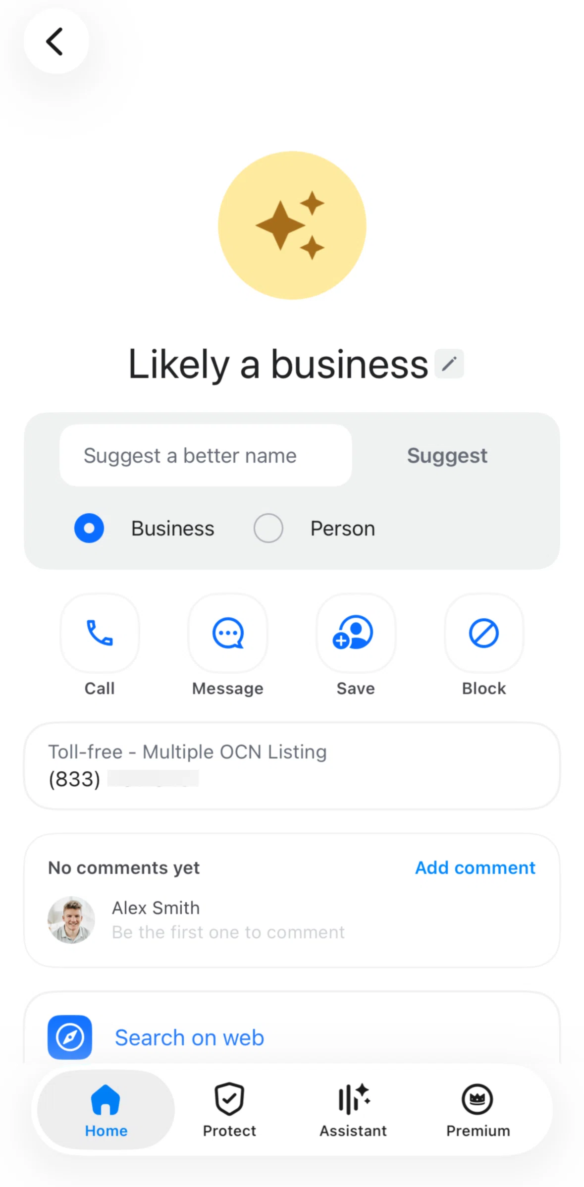 Truecaller Screen screen in the Adding a comment flow