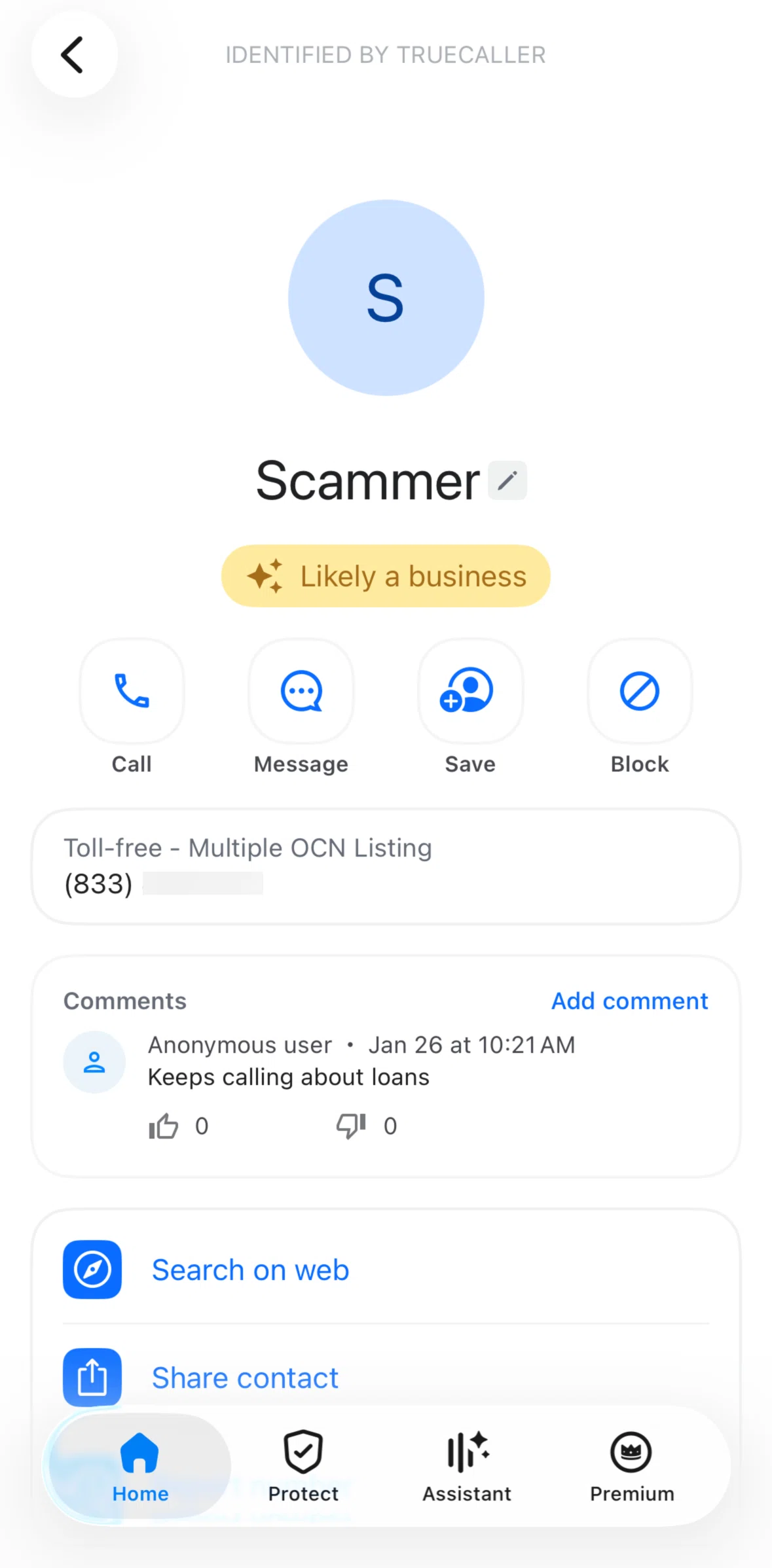 Truecaller Screen screen in the Liking a comment flow