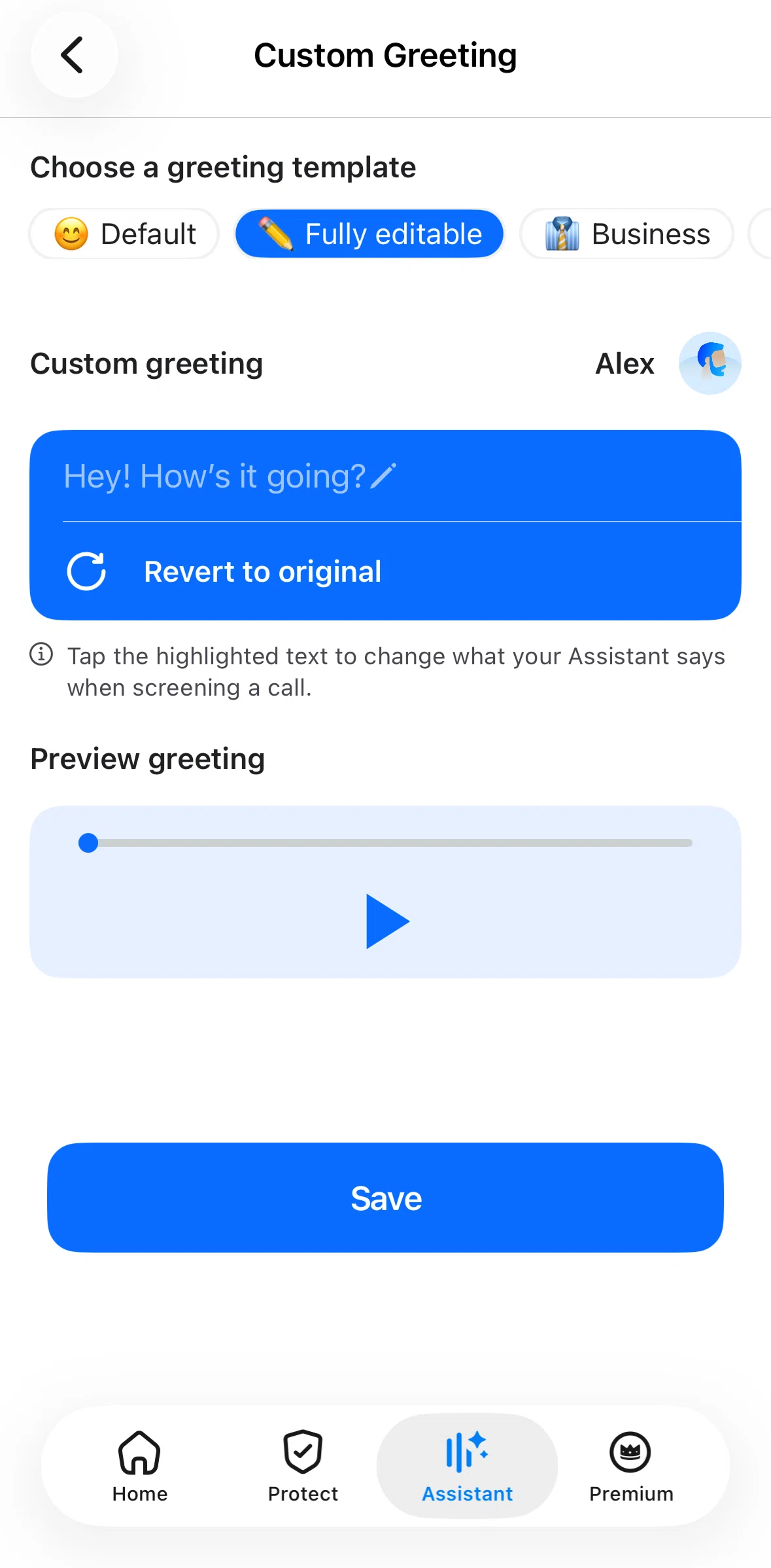 Truecaller Screen screen in the Playing a preview greeting flow