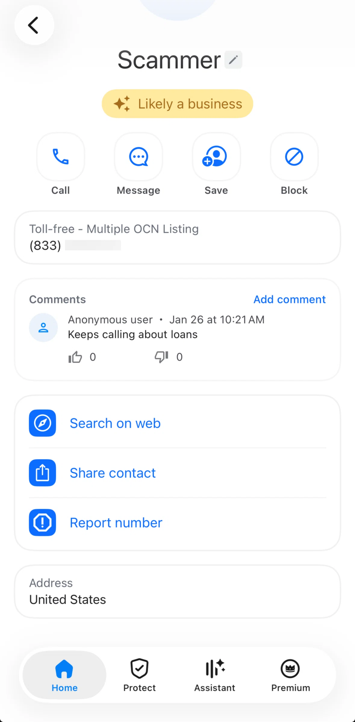 Truecaller Screen screen in the Share a contact flow