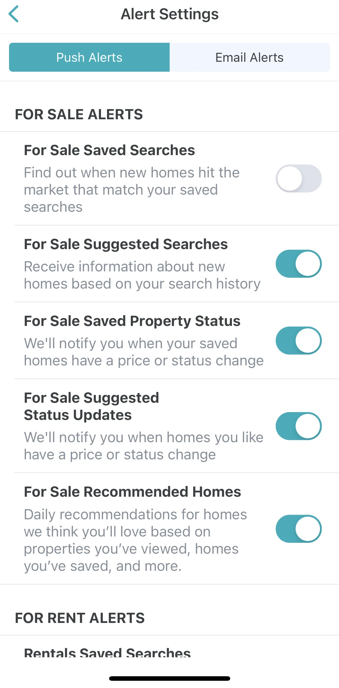 Trulia Screen screen in the Alert settings flow