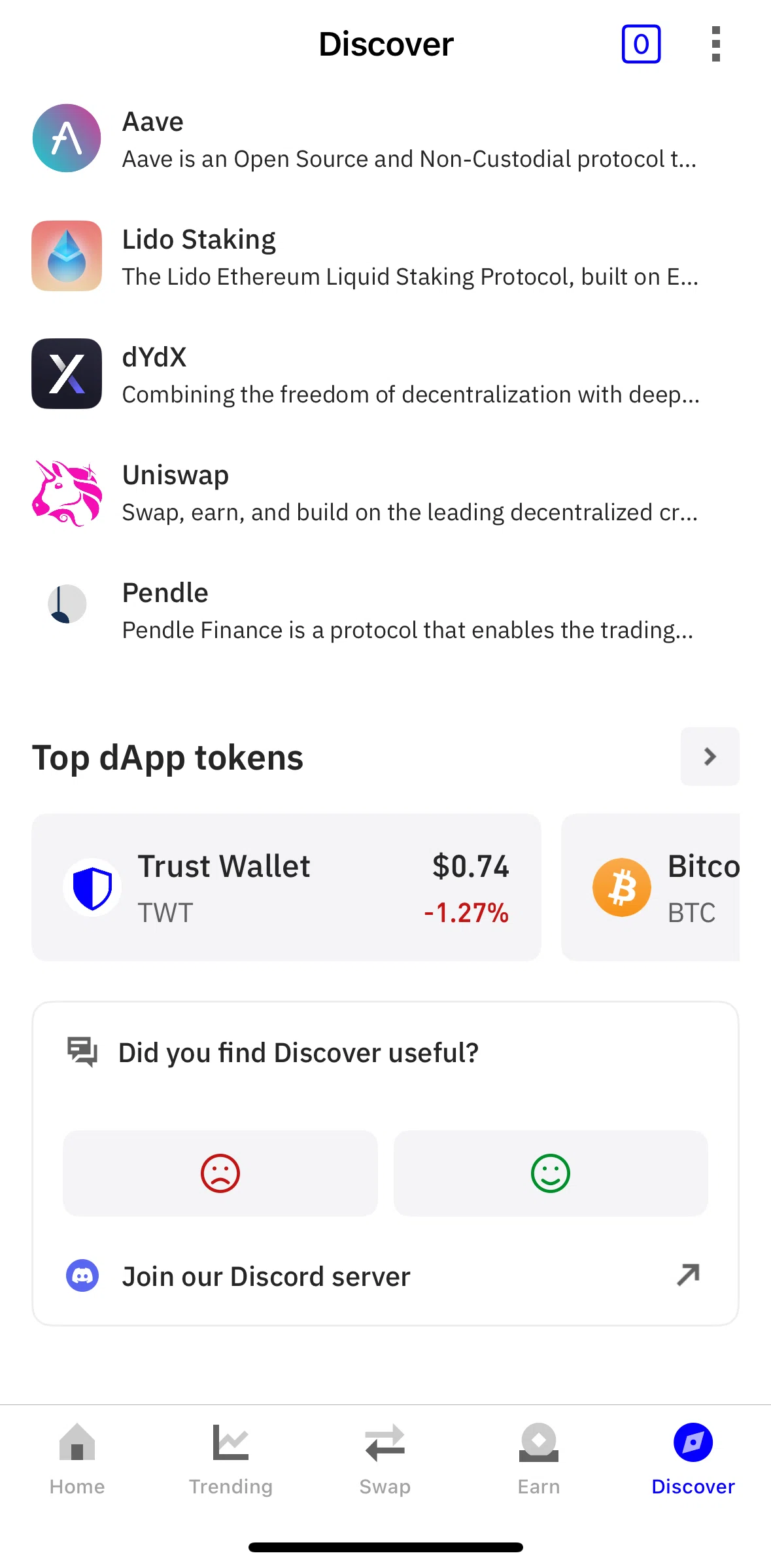 Trust Wallet Screen screen in the Giving a feedback flow