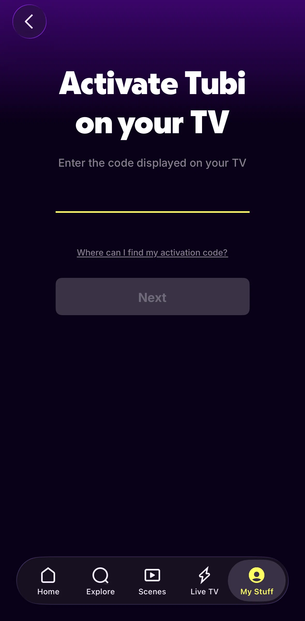 Tubi Screen screen in the Activation code information flow