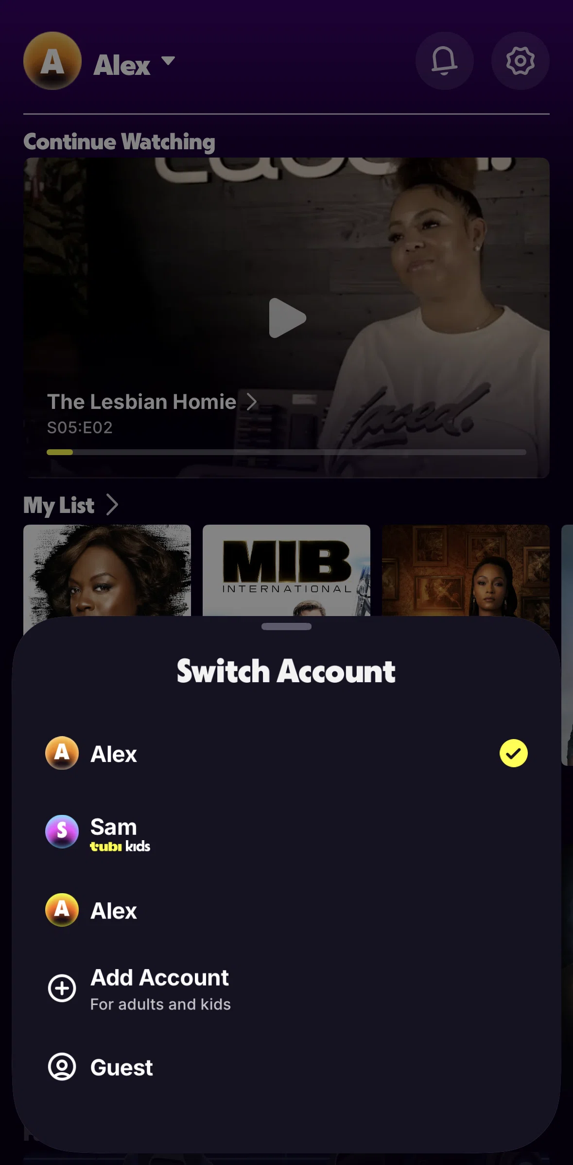 Tubi Screen screen in the Add account flow