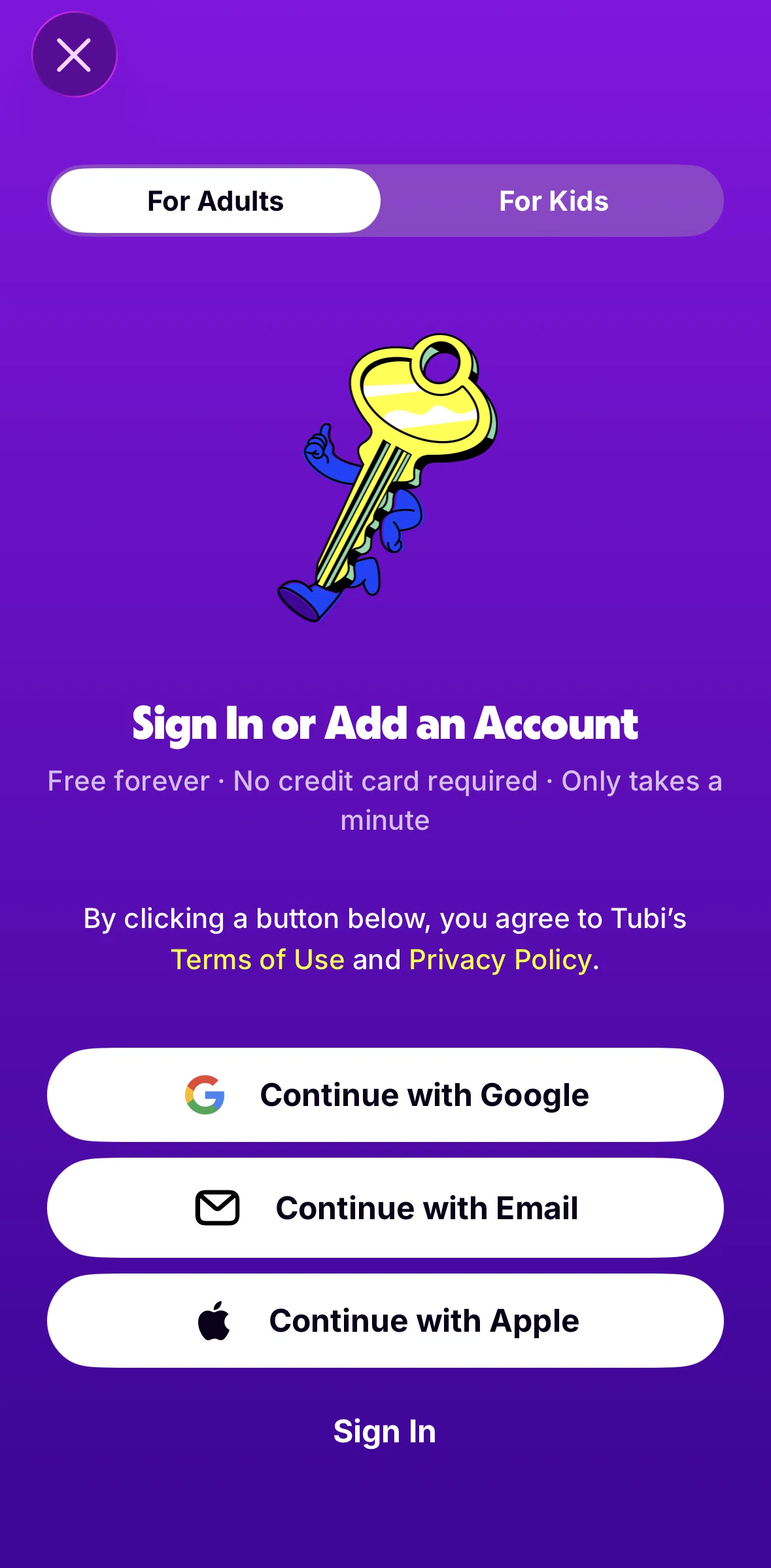 Tubi Screen screen in the Adding an account flow