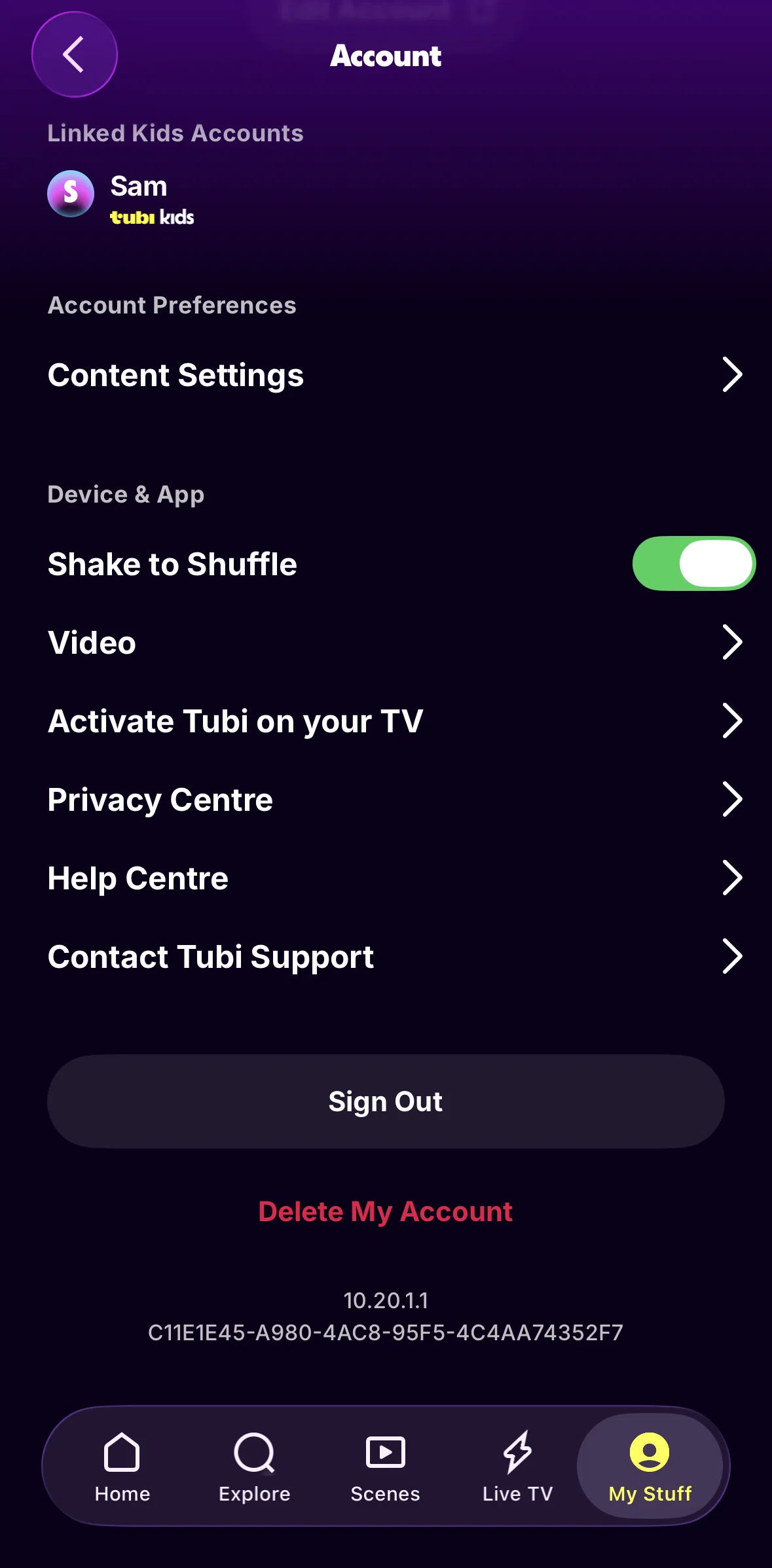 Tubi Screen screen in the Deleting account flow