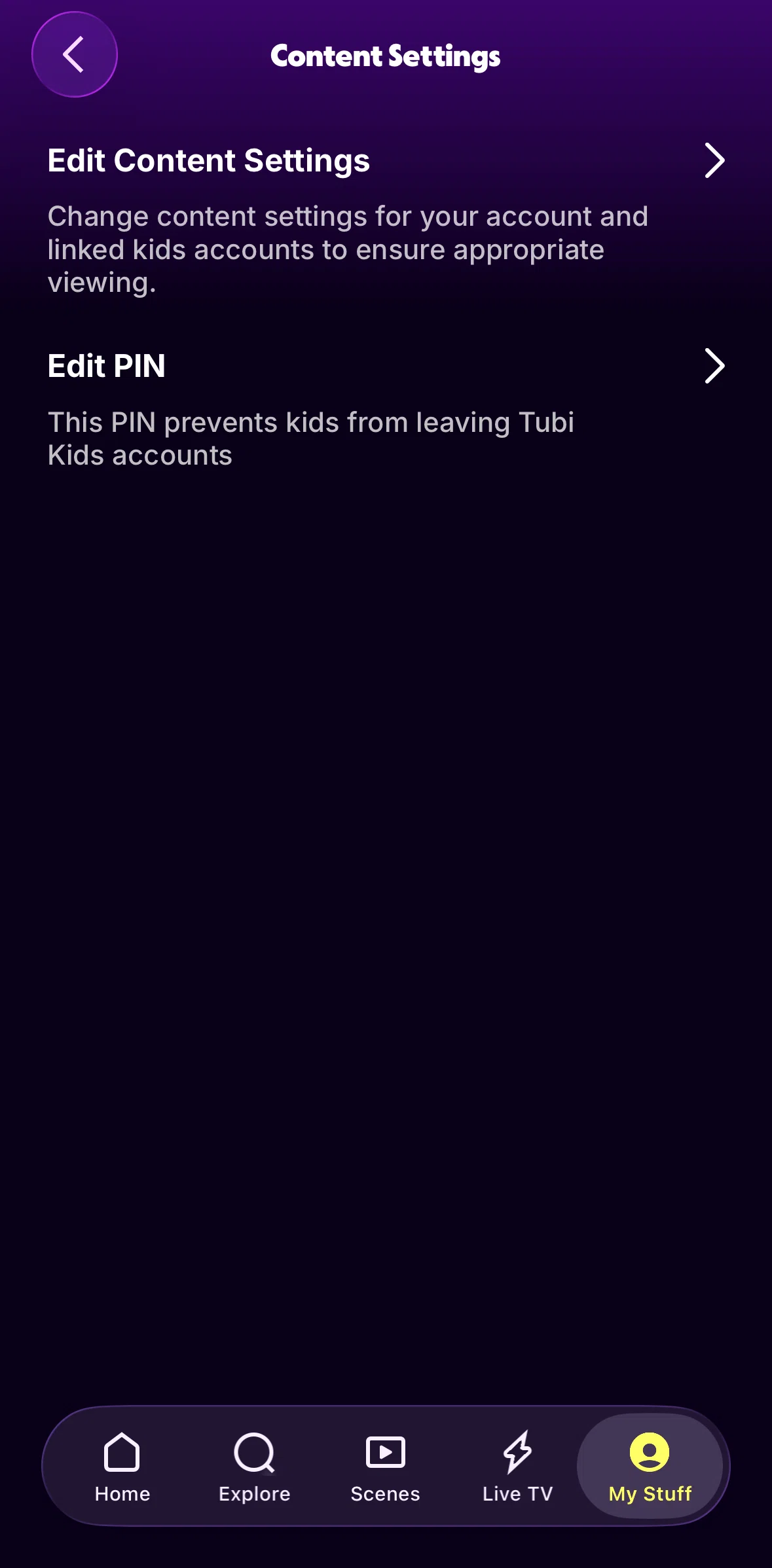 Tubi Screen screen in the Editing content settings flow