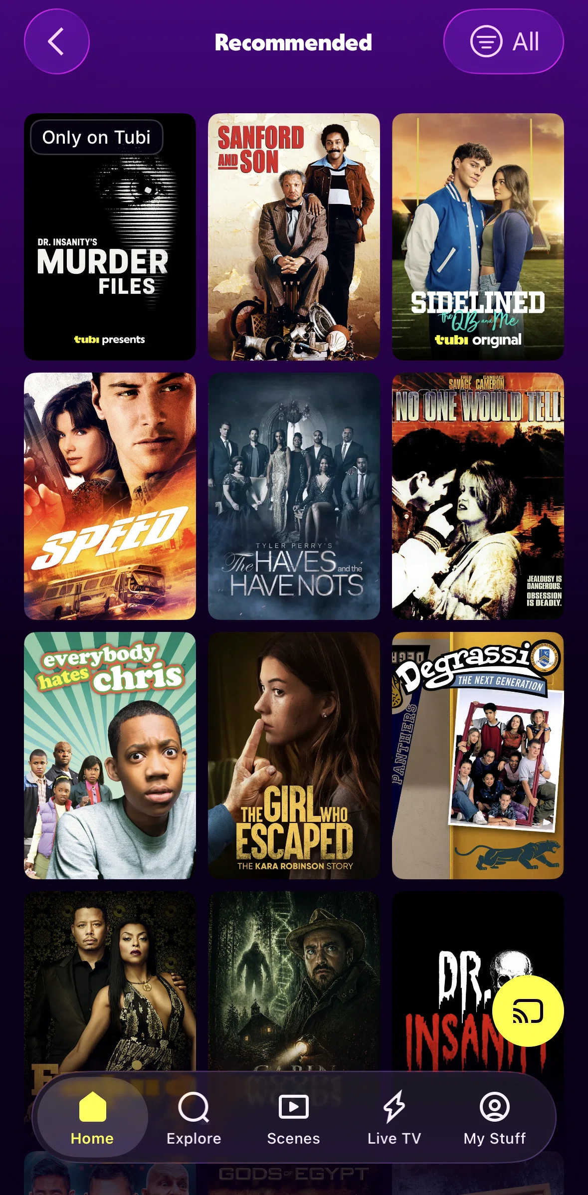 Tubi Screen screen in the Filtering movies & TV shows flow