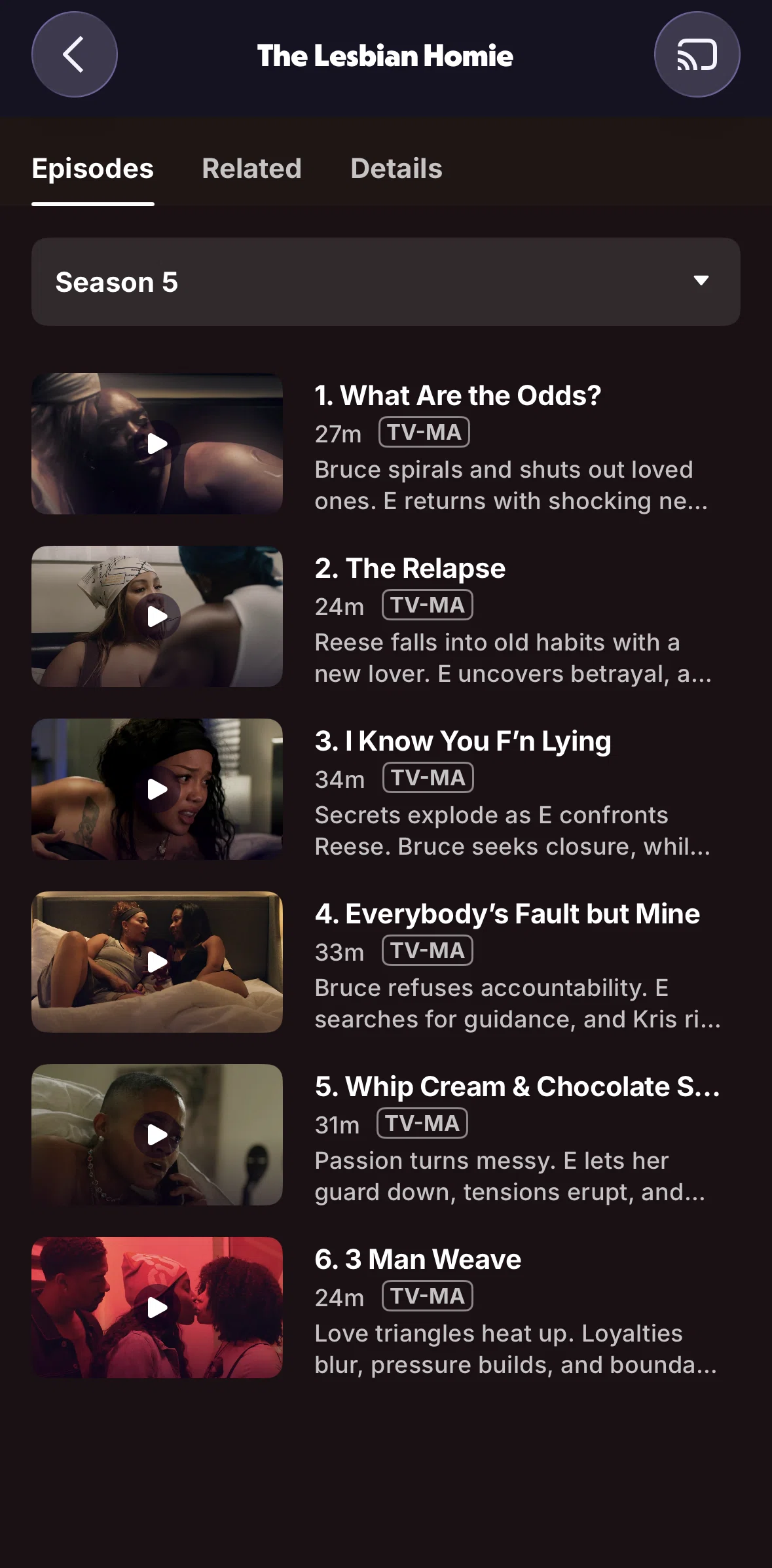 Tubi Screen screen in the Filtering seasons flow