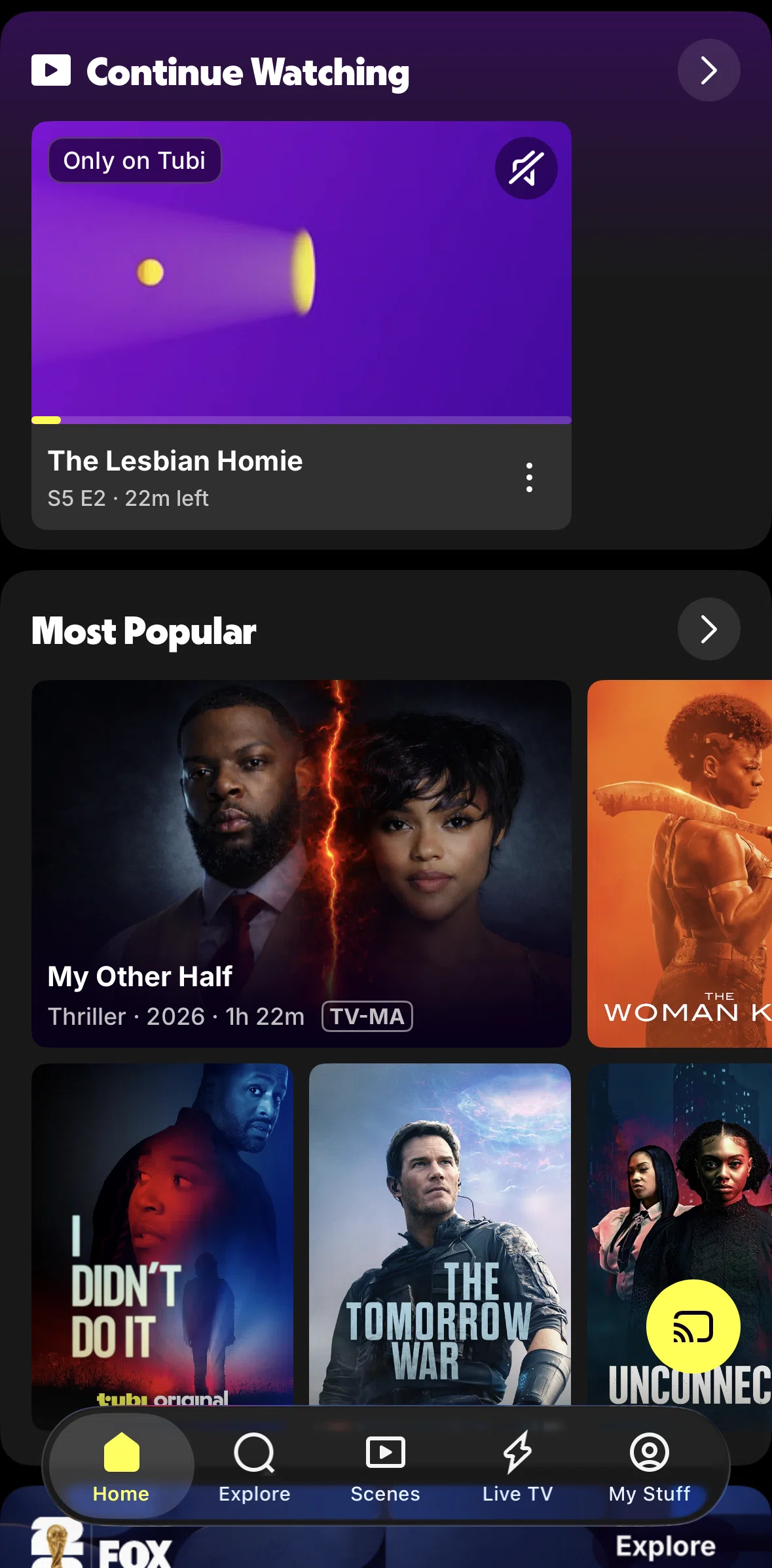 Tubi Screen screen in the Removing a show from continue watching flow