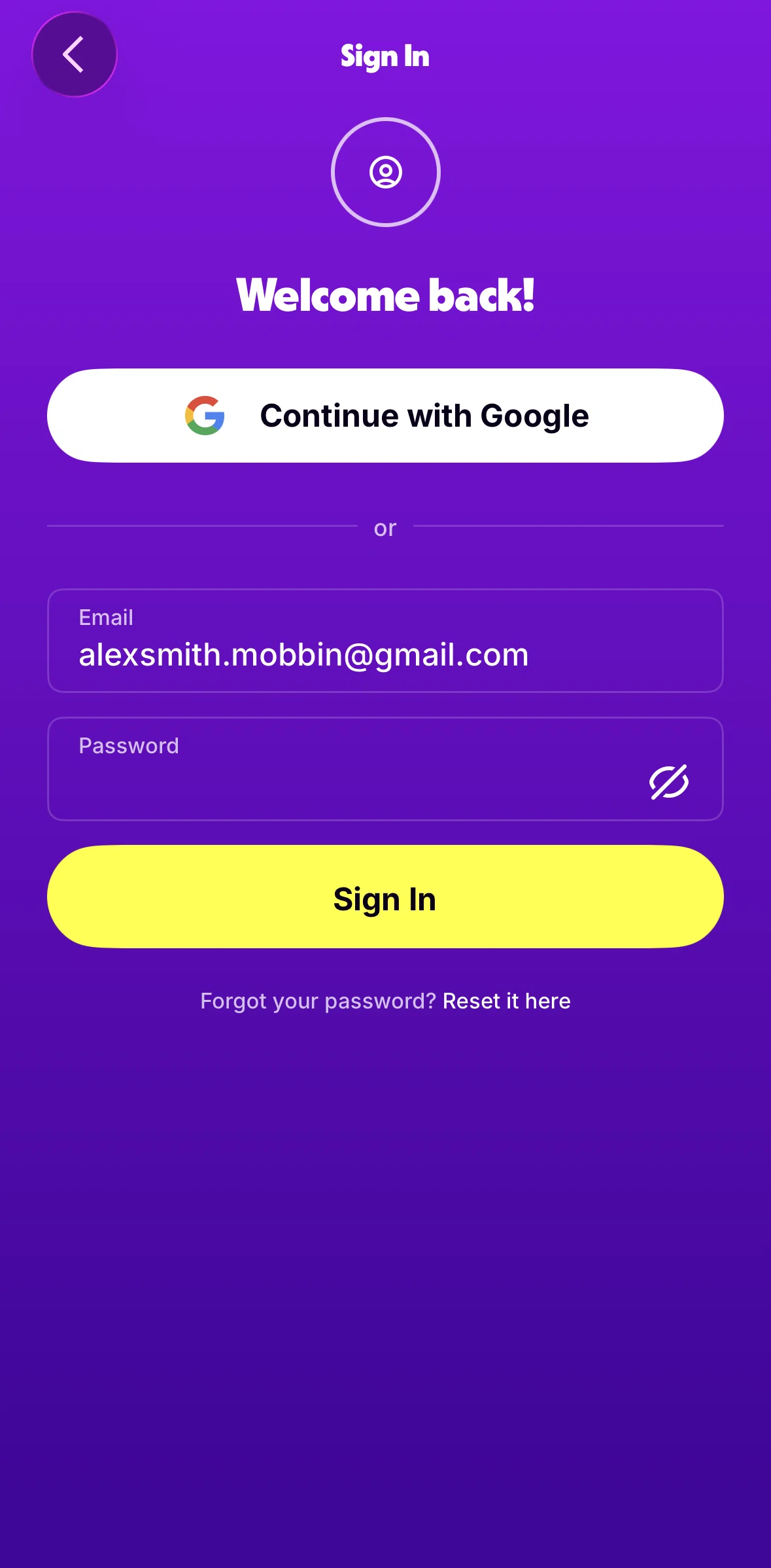 Tubi Screen screen in the Reset password flow