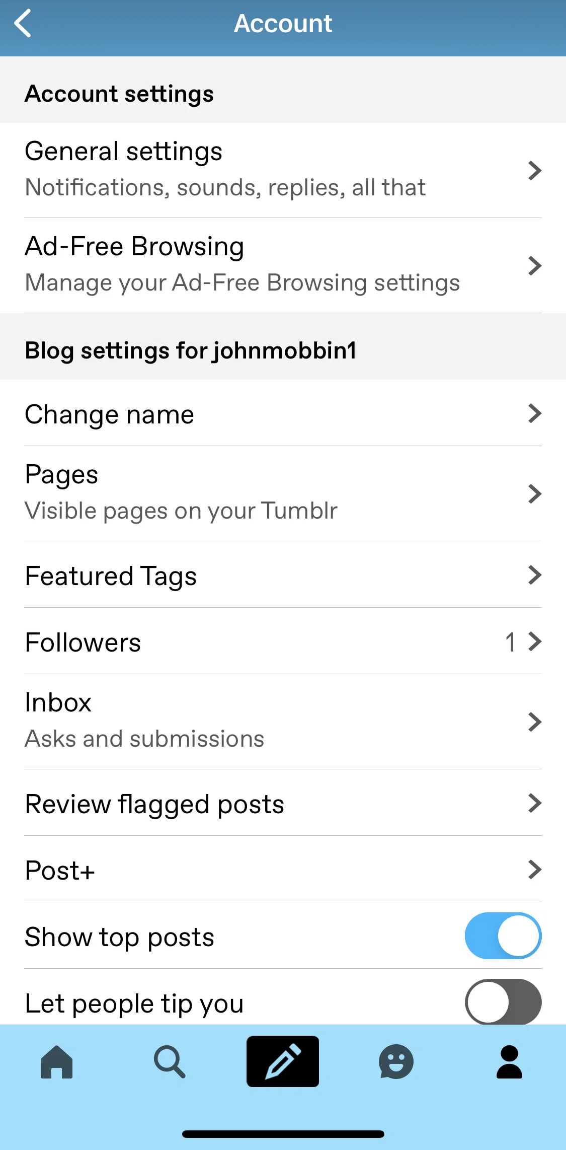 Tumblr Screen screen in the Account flow