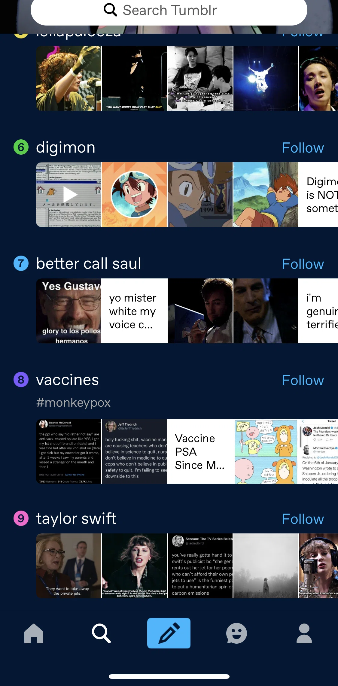 Tumblr Screen screen in the Following a category flow