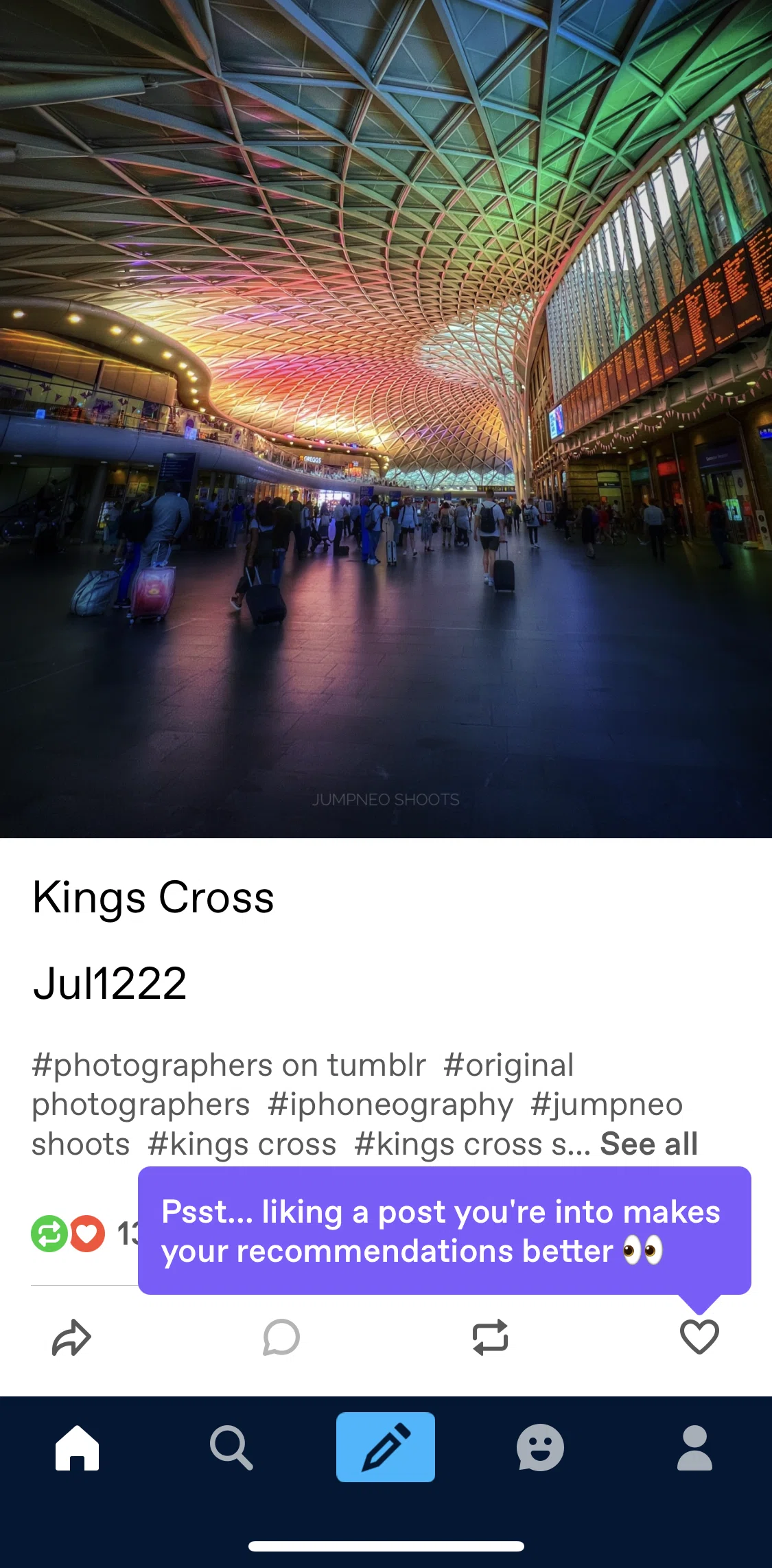 Tumblr Screen screen in the Liking a post flow