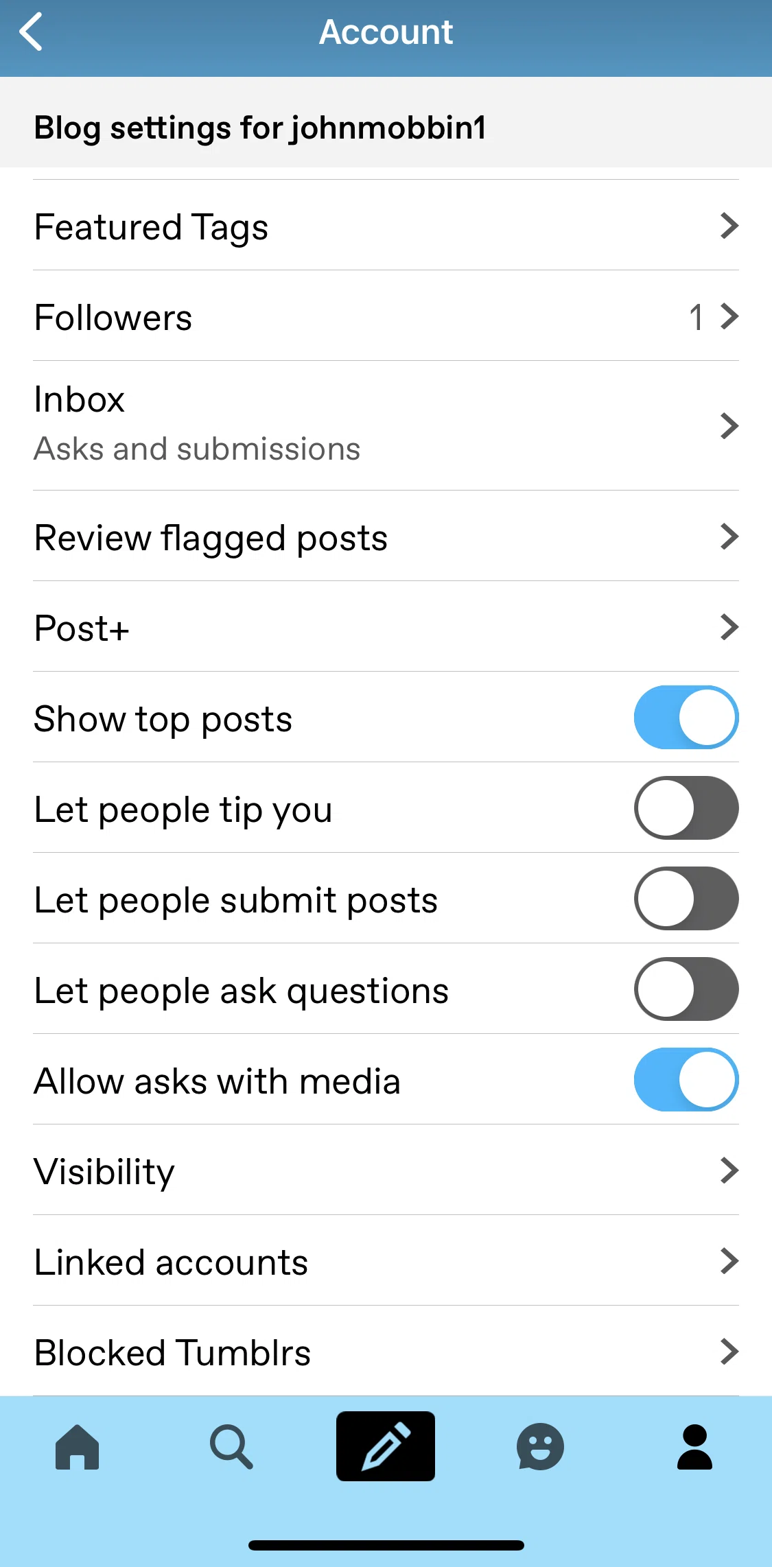 Tumblr Screen screen in the Updating visibility flow