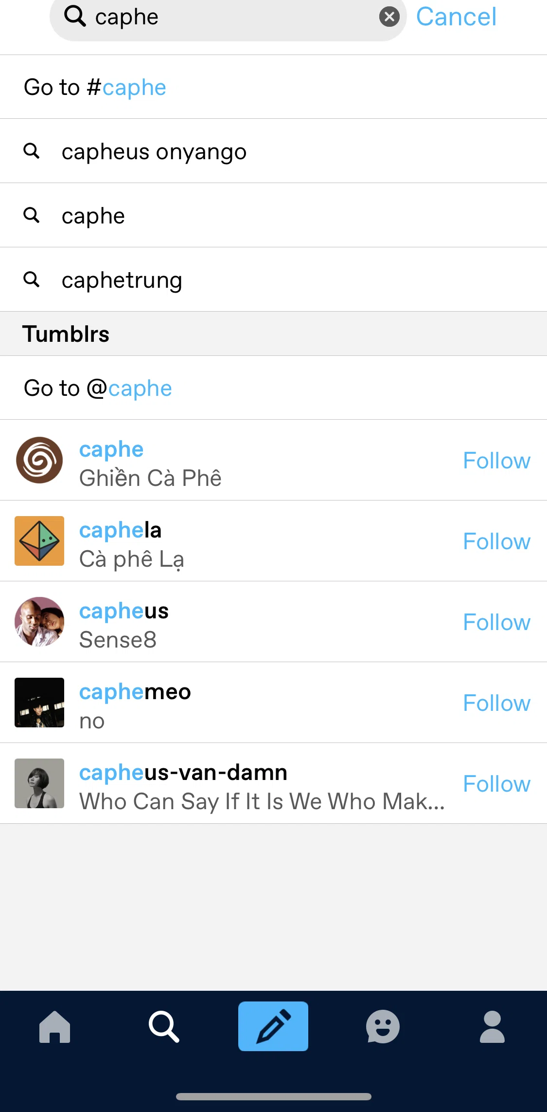Tumblr Screen screen in the User profile flow