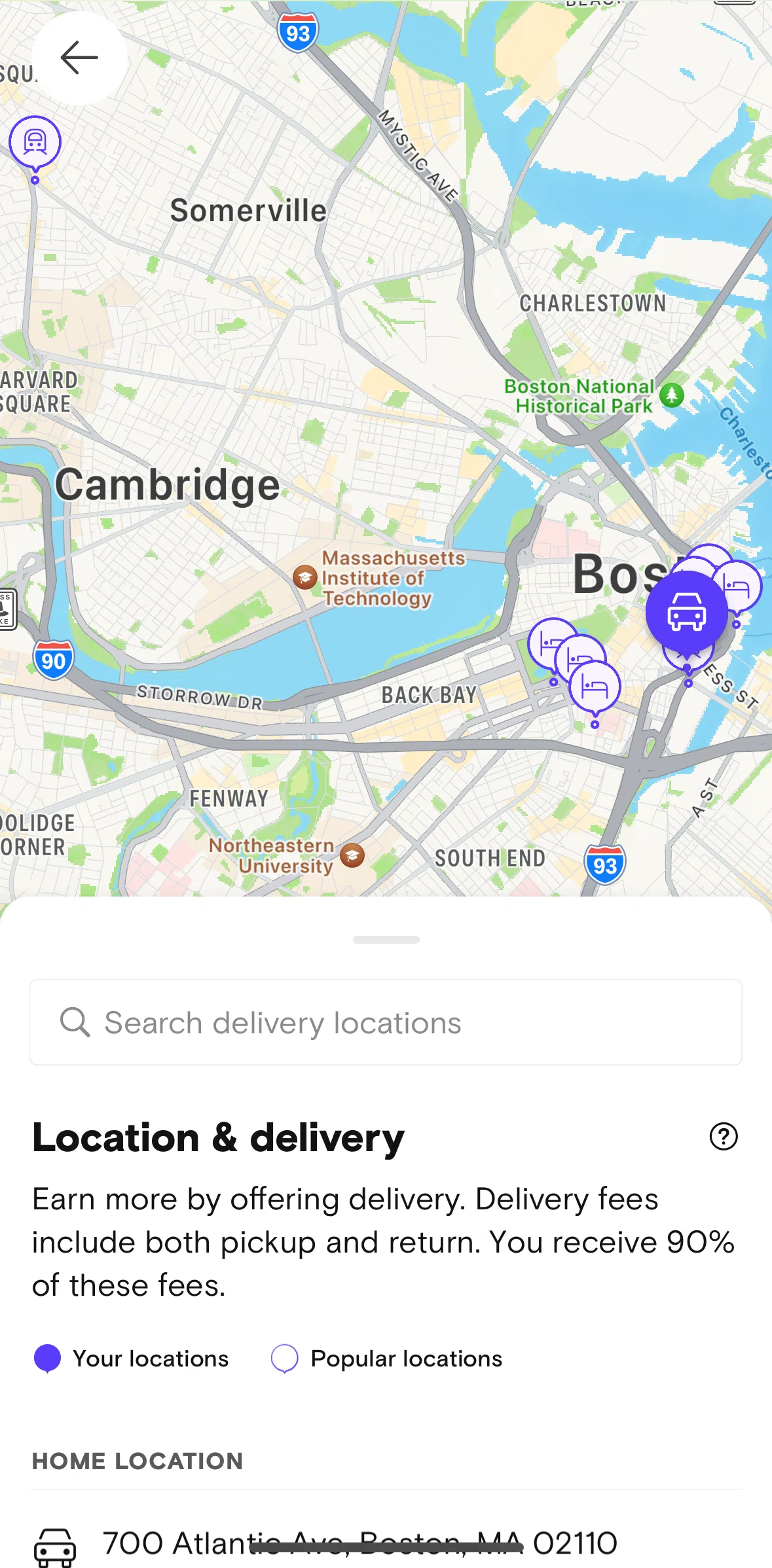 Turo Screen 1 screen in the Adding delivery location flow