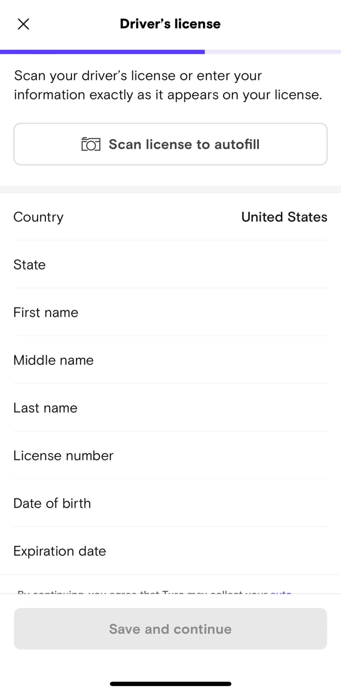 Turo Screen 1 screen in the Adding driver's license information flow