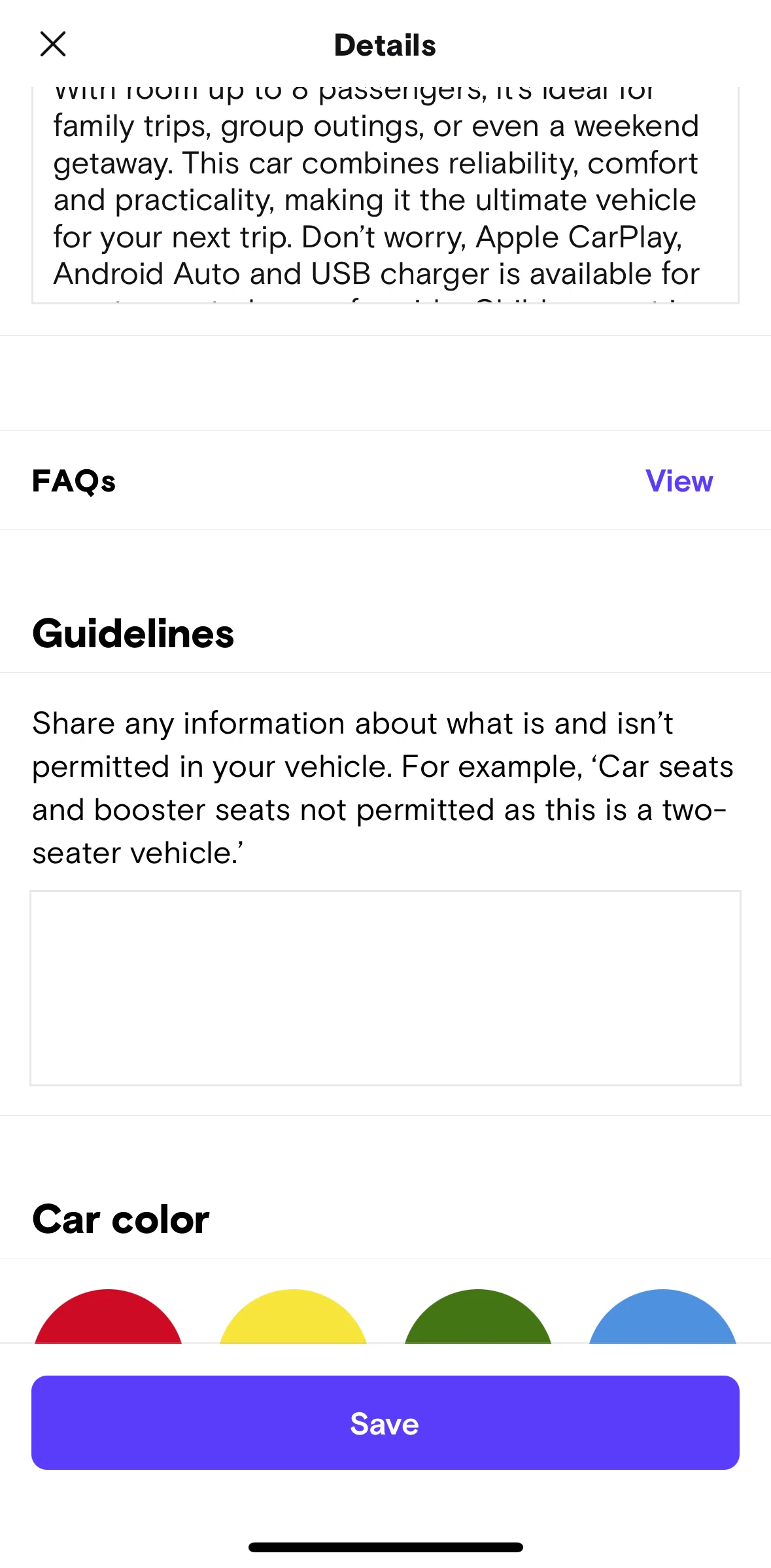 Turo Screen 1 screen in the Adding FAQ flow