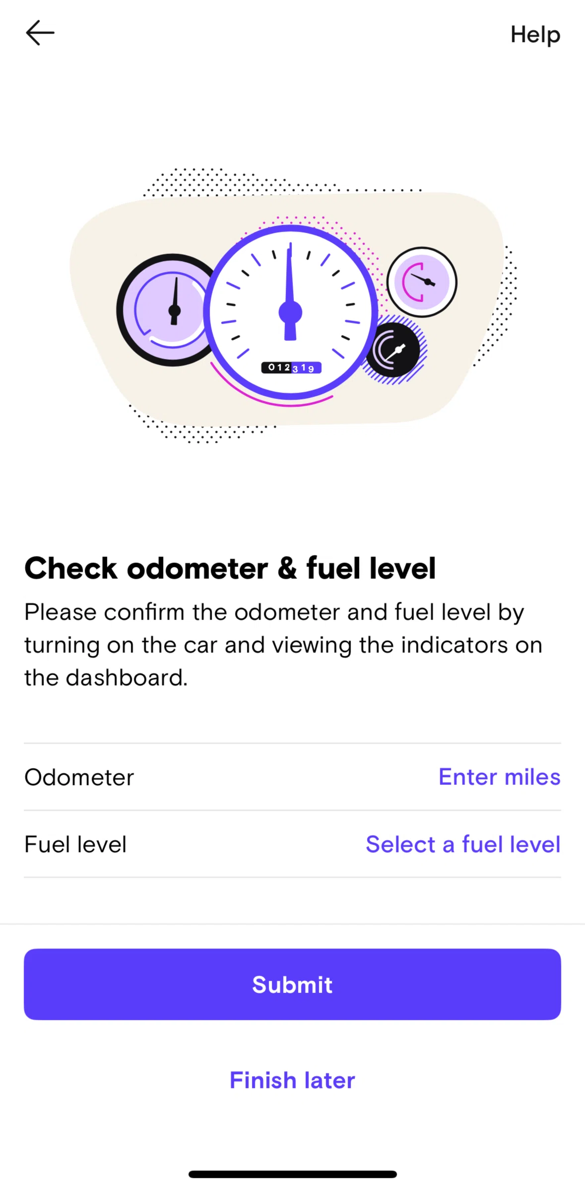 Turo Screen 1 screen in the Adding odometer & fuel level flow