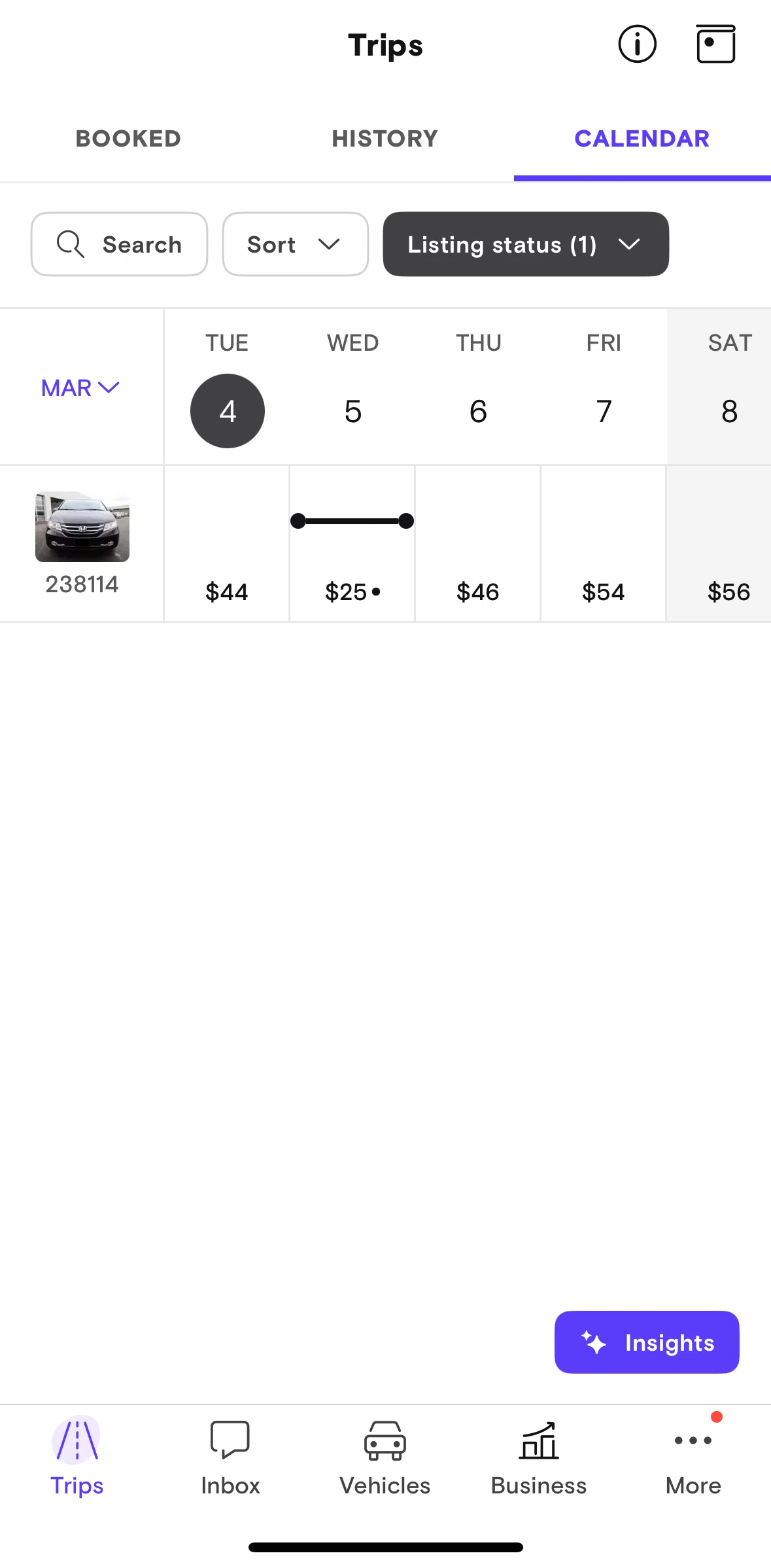Turo Screen 1 screen in the Blocking availability (Calendar) flow