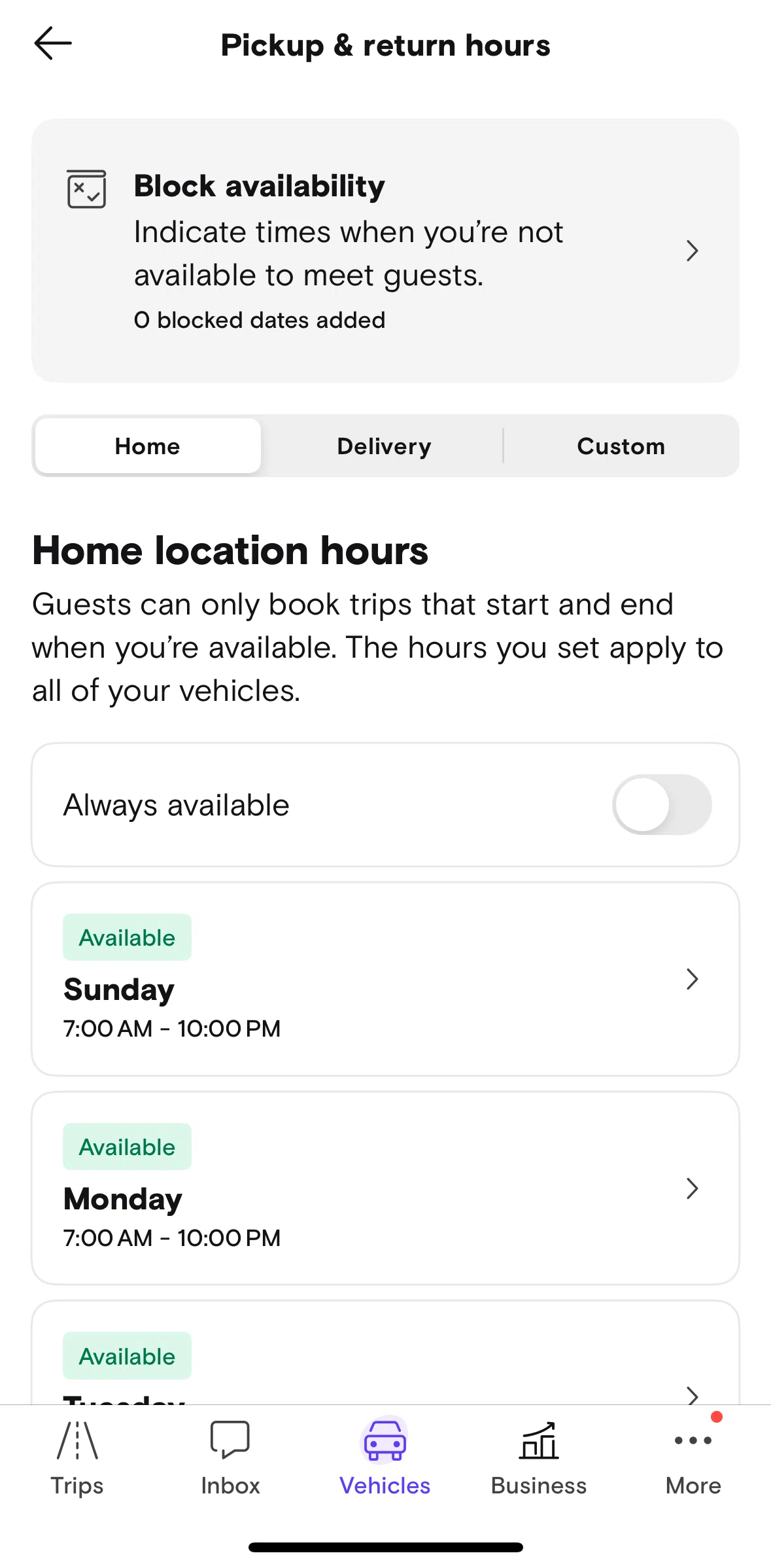 Turo Screen 1 screen in the Blocking availability flow