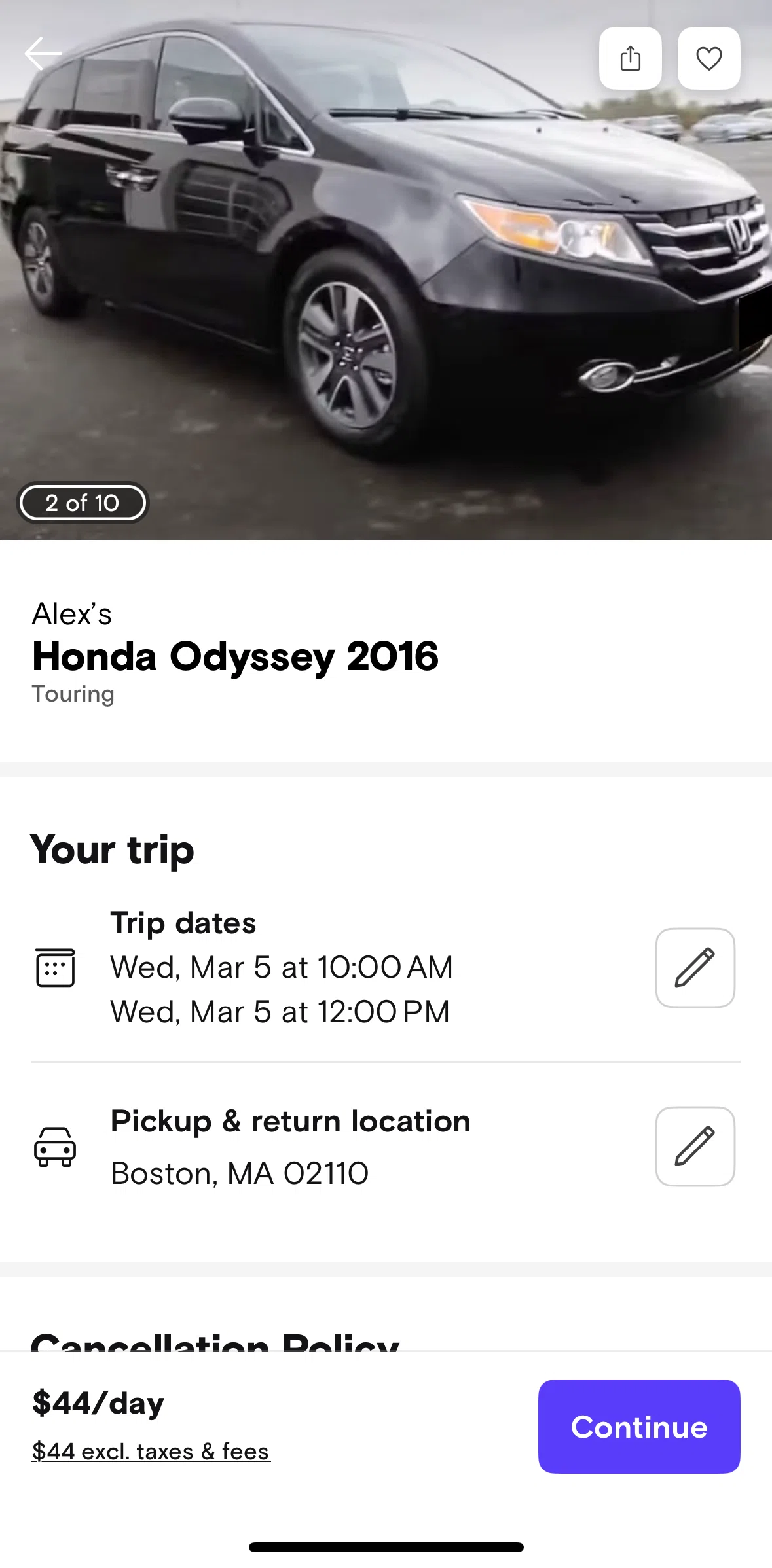 Turo Screen 1 screen in the Booking a trip flow