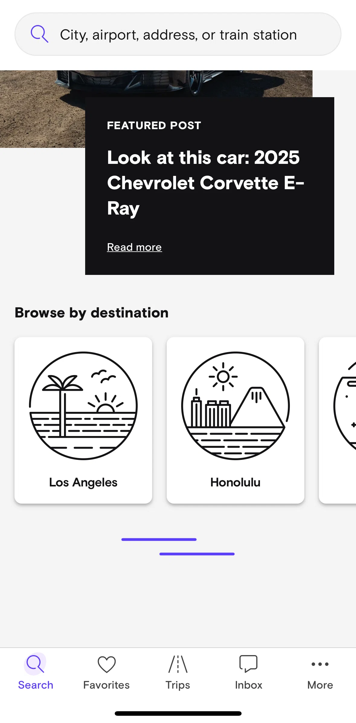 Turo Screen 1 screen in the Browse by destination flow
