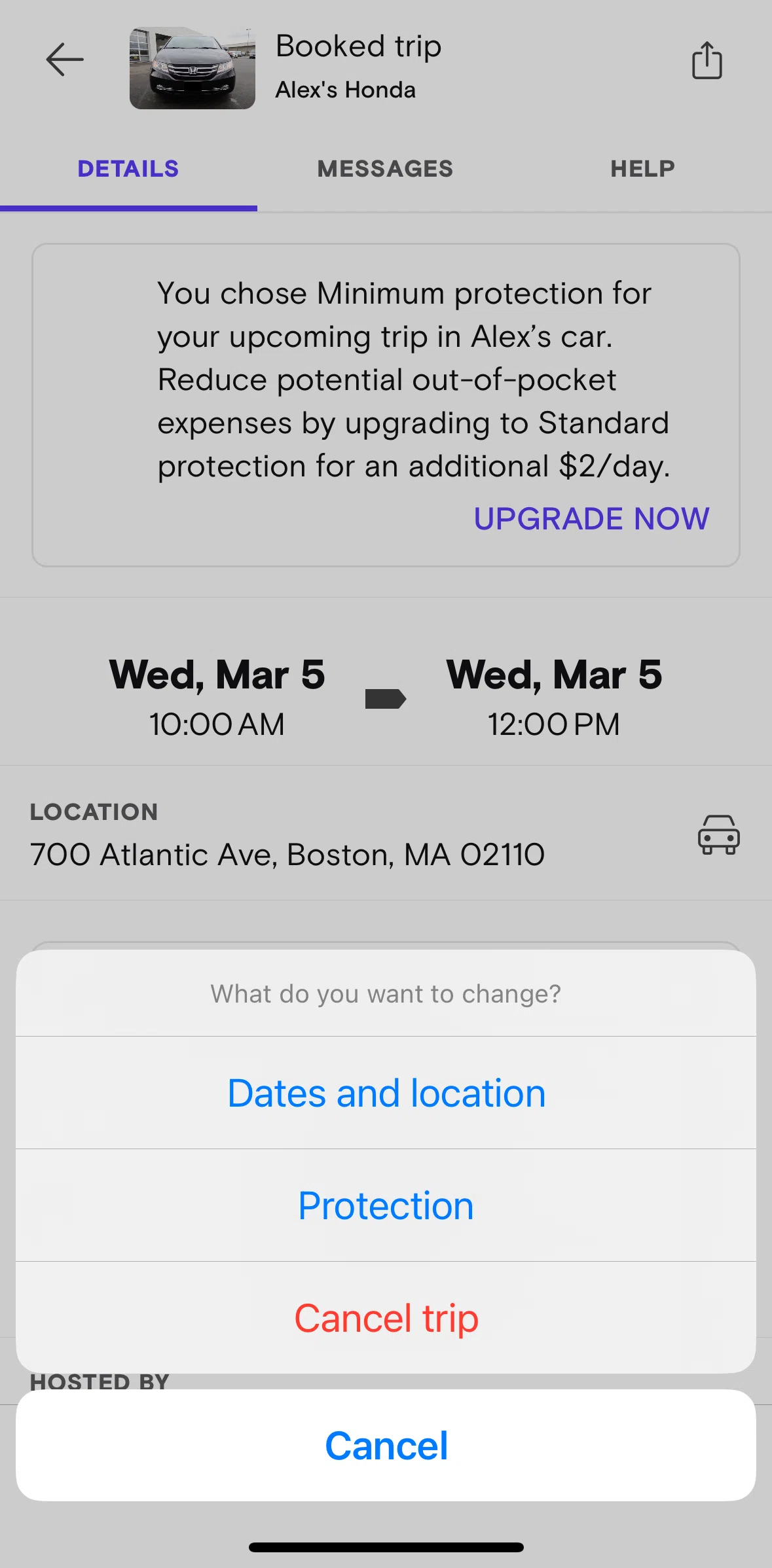Turo Screen 1 screen in the Canceling a trip flow