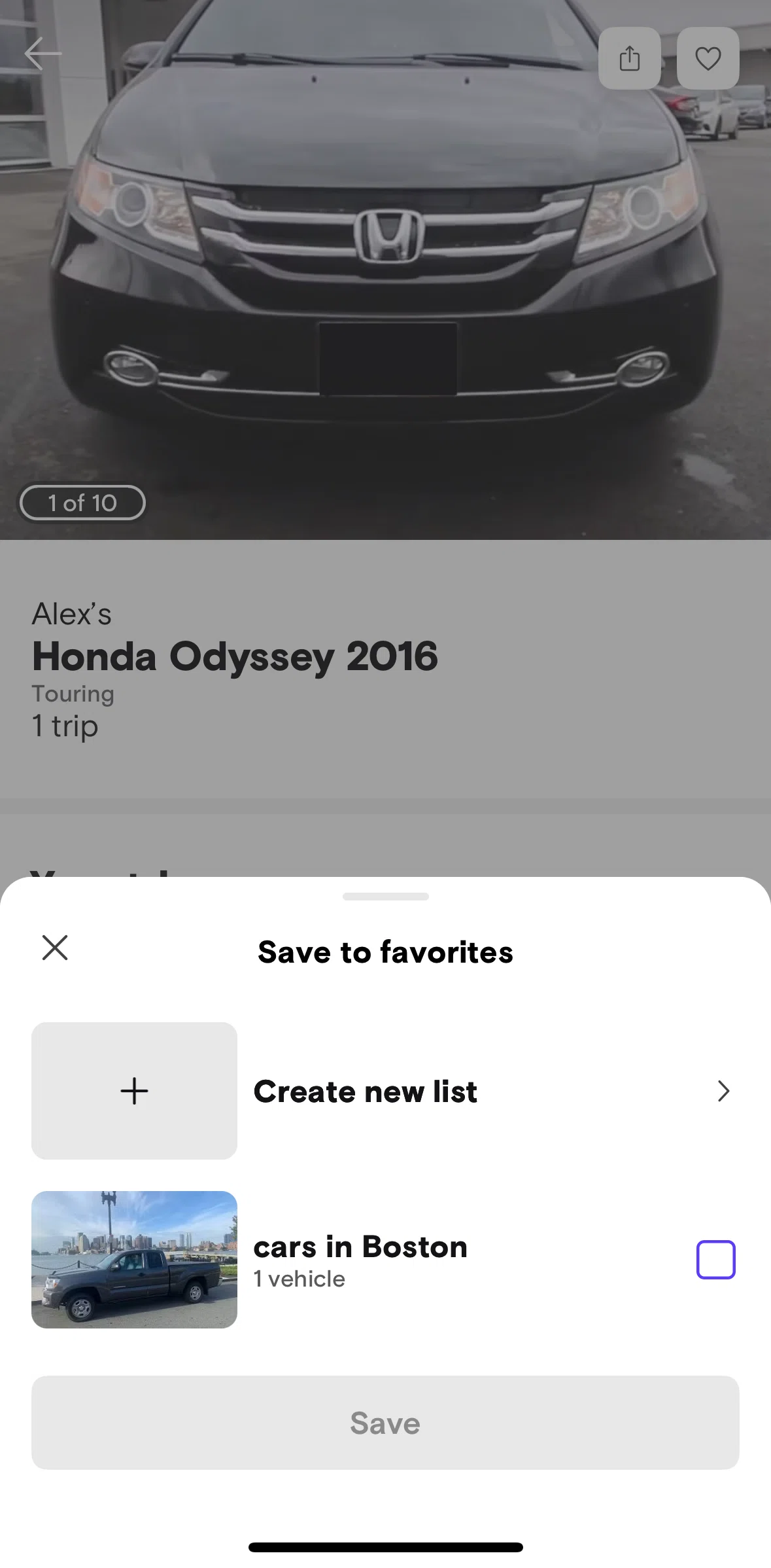 Turo Screen 1 screen in the Creating a new list flow