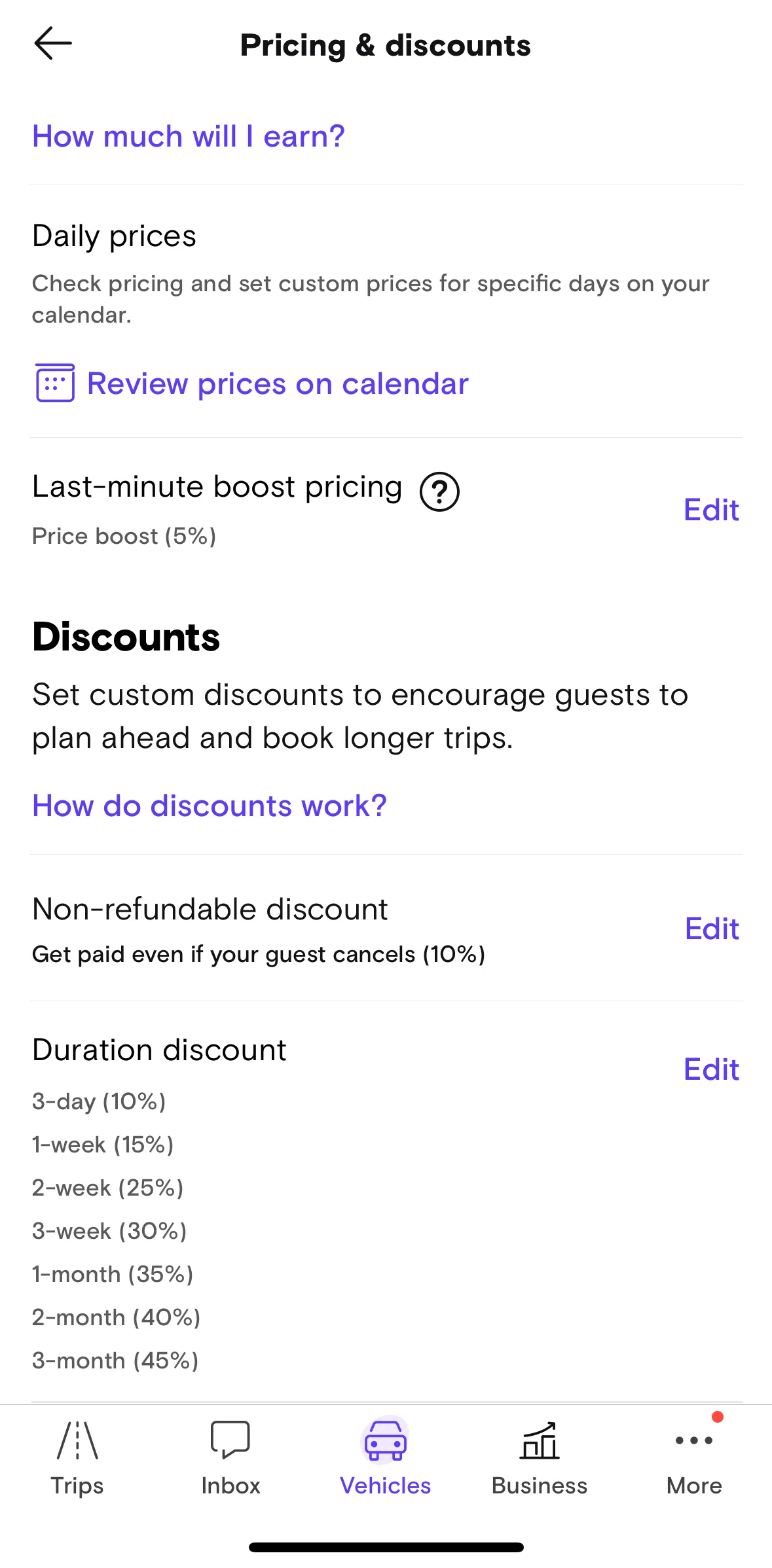 Turo Screen 1 screen in the Editing duration discount flow