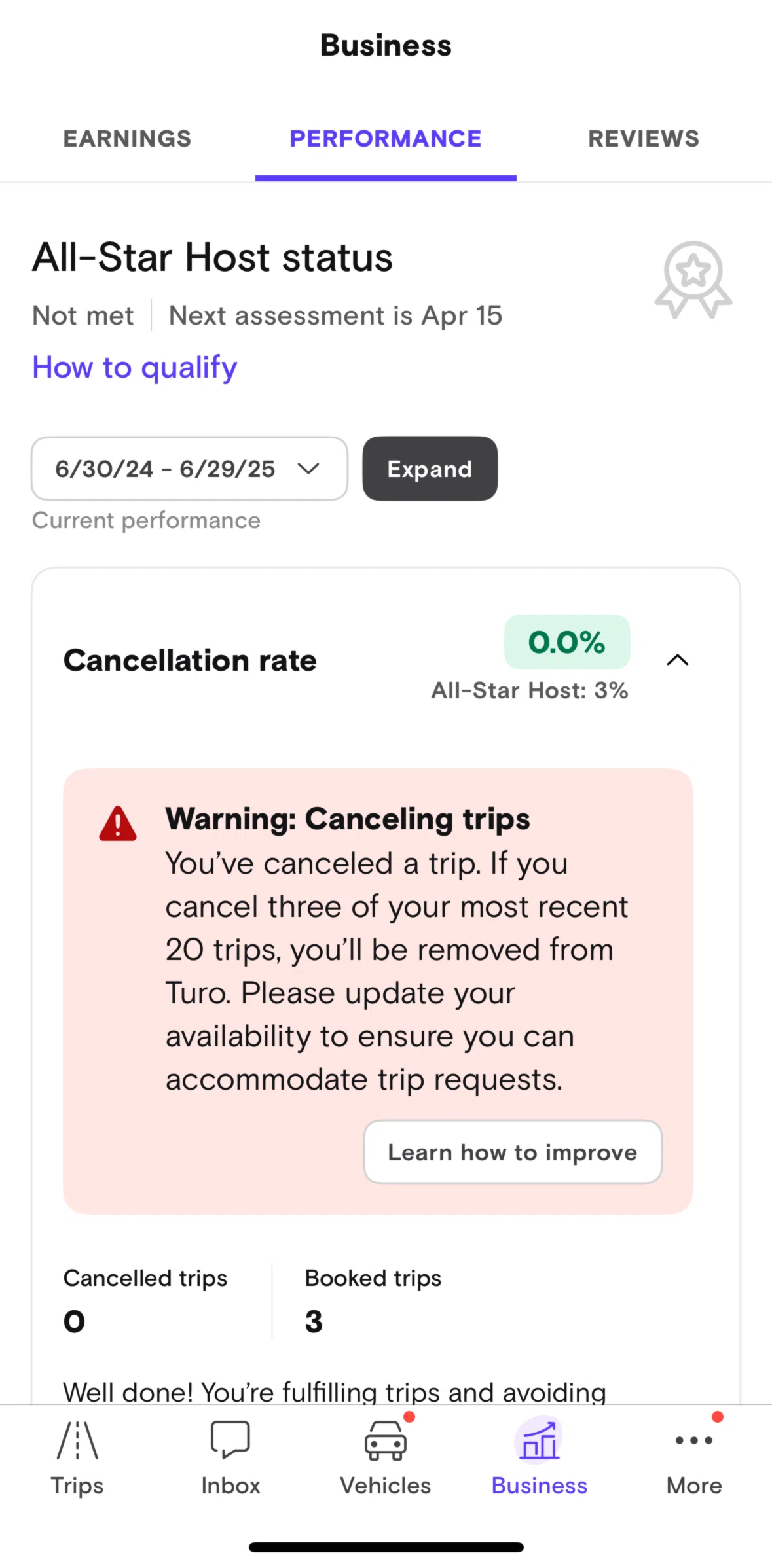 Turo Screen 1 screen in the Filtering assessment period flow