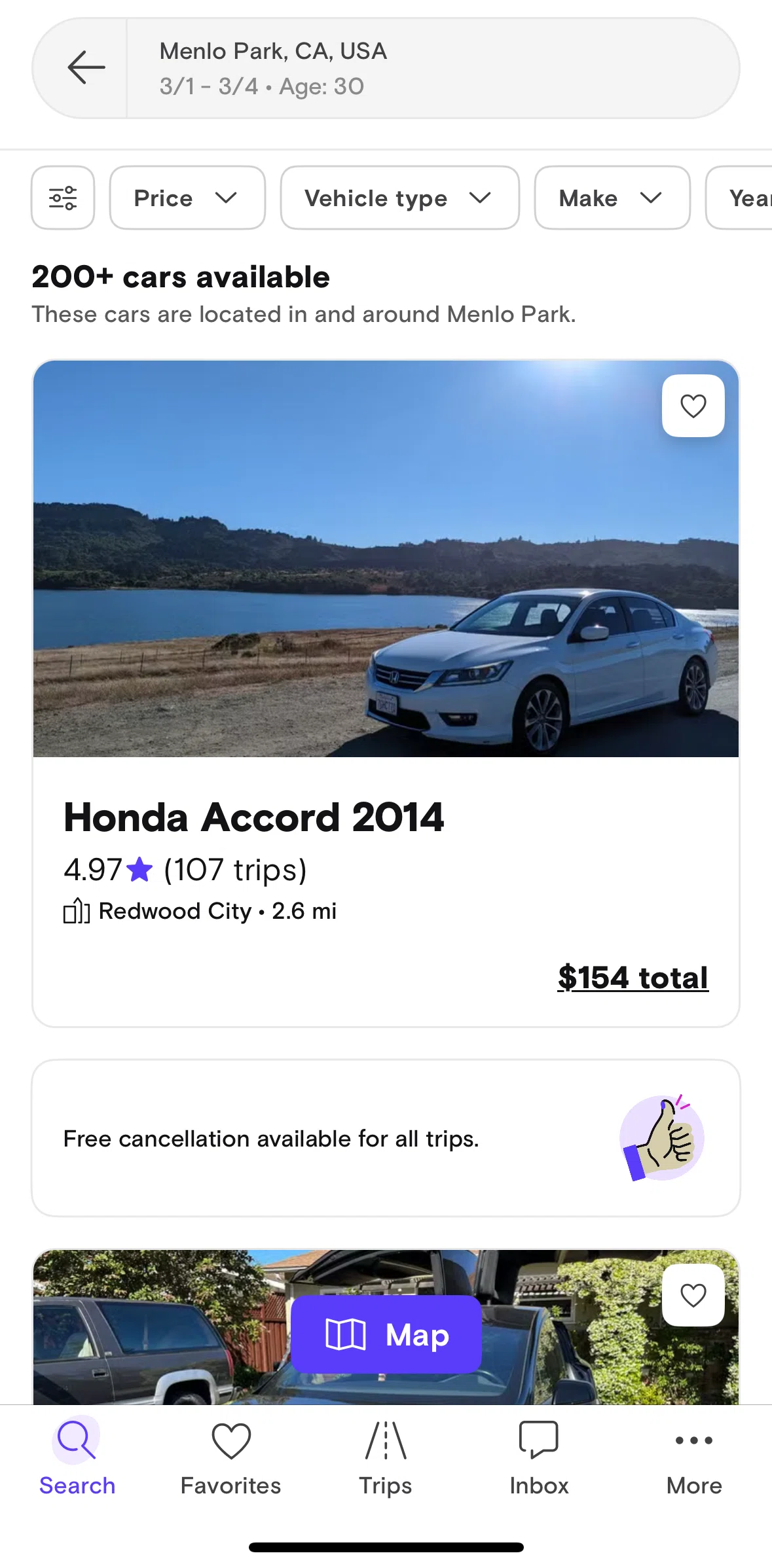 Turo Screen 1 screen in the Filtering cars flow