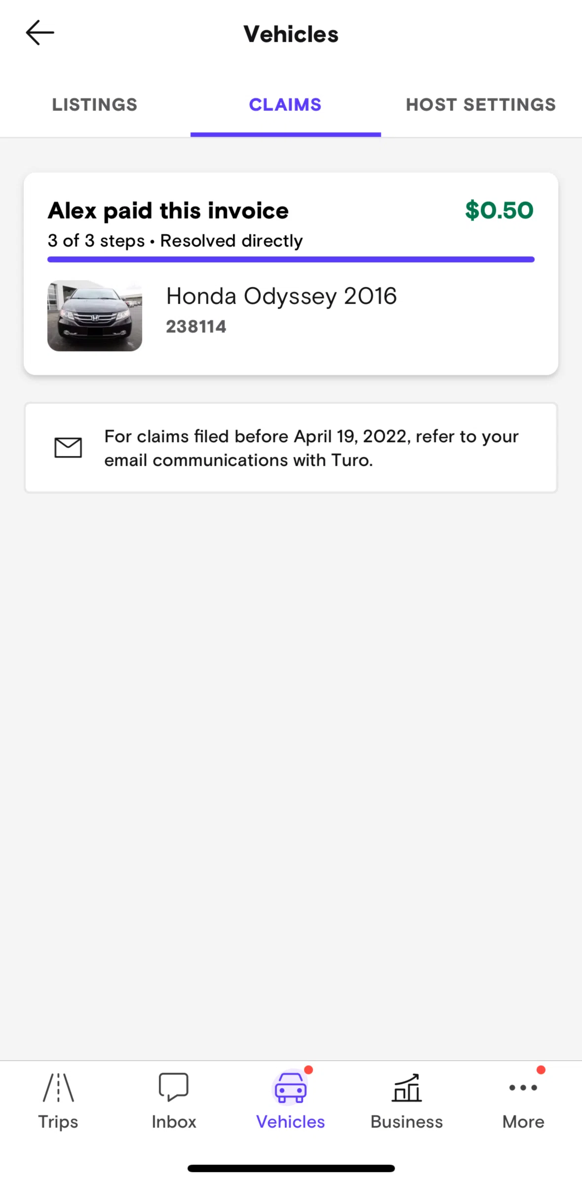 Turo Screen 1 screen in the Paid claims flow
