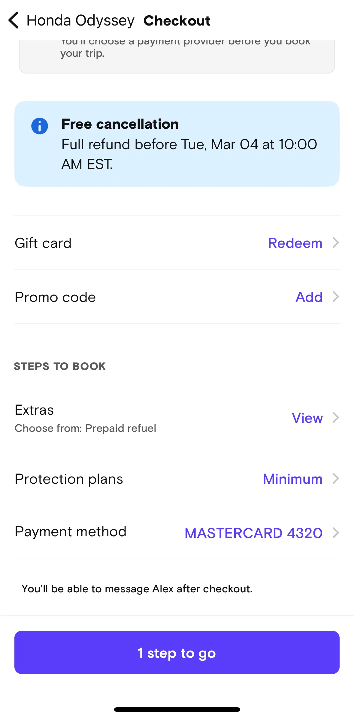 Turo Screen 1 screen in the Payment method flow