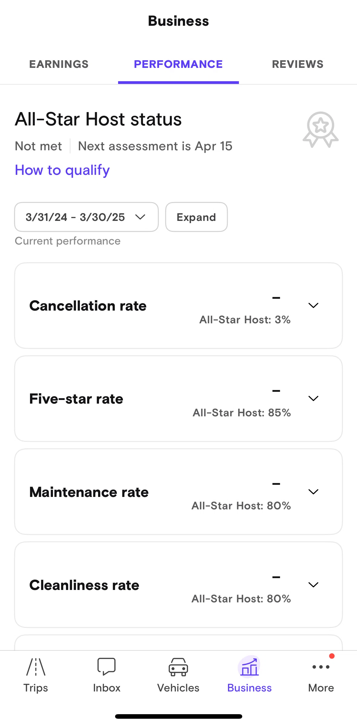 Turo Screen 1 screen in the Performance flow