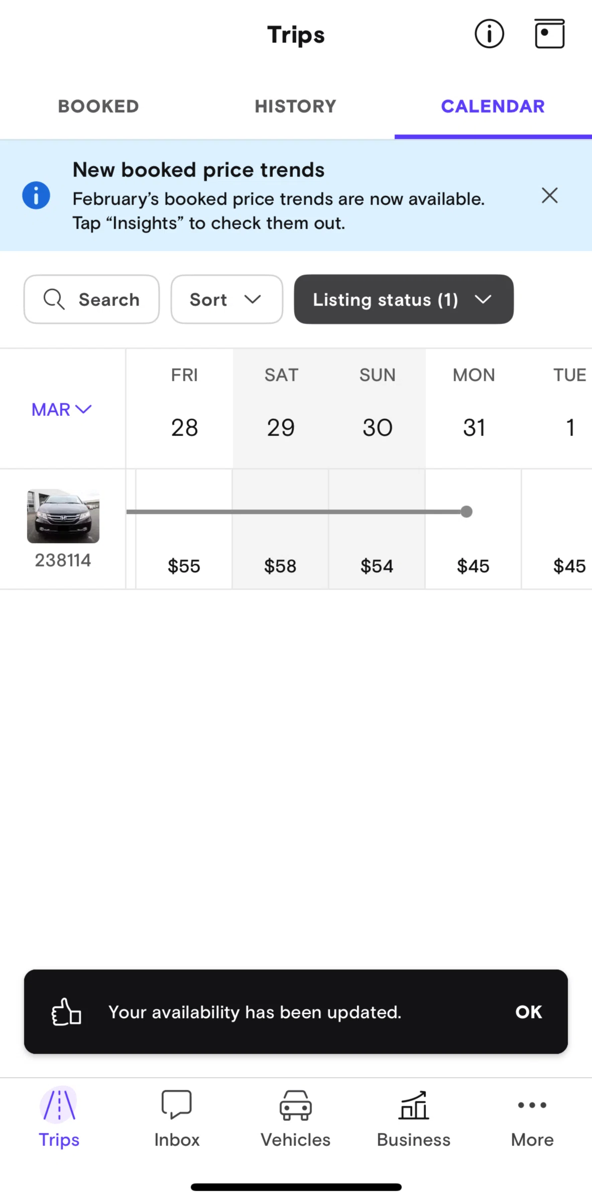 Turo Screen 1 screen in the Removing unavailability flow