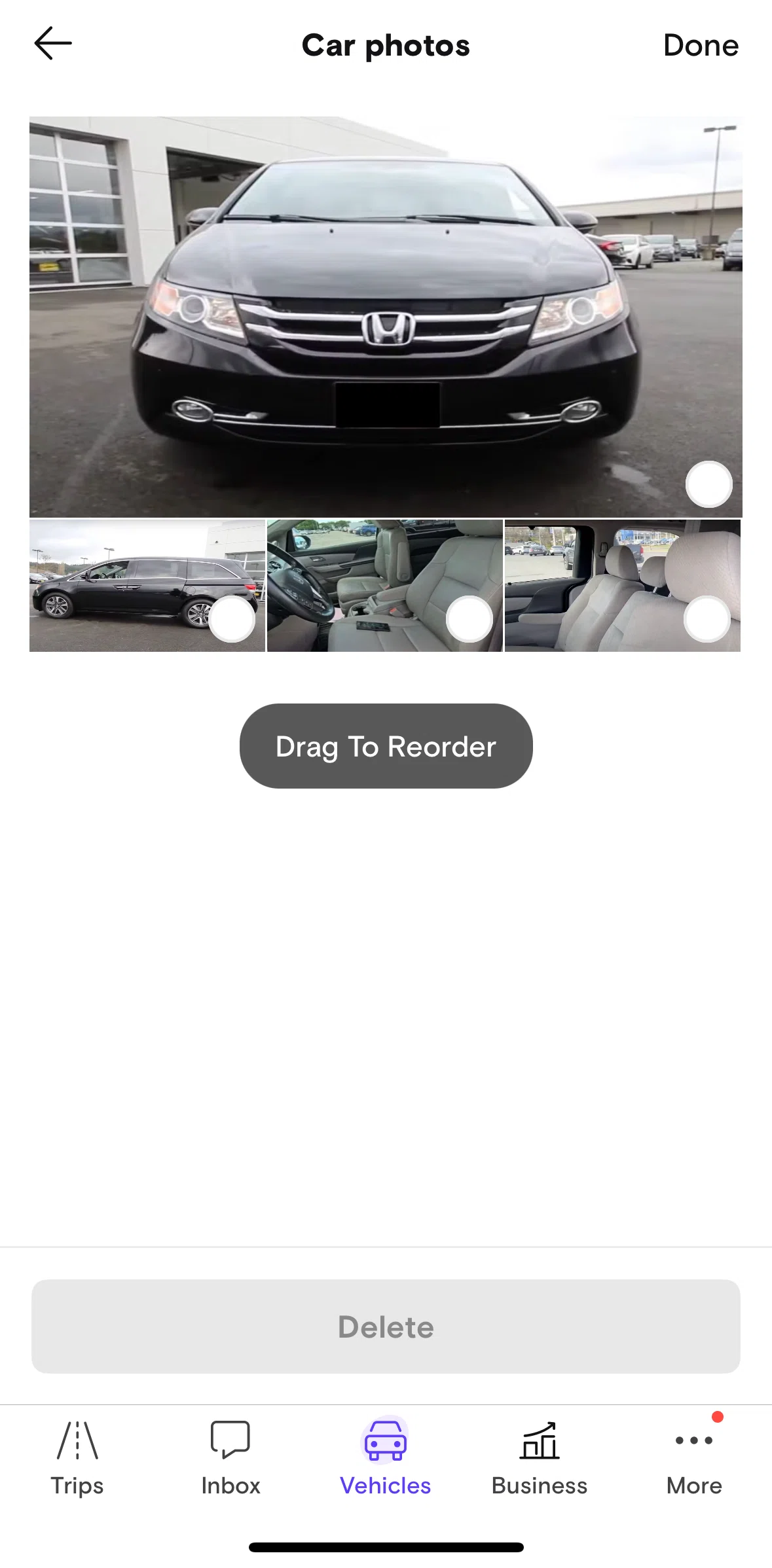 Turo Screen 1 screen in the Reordering photos flow