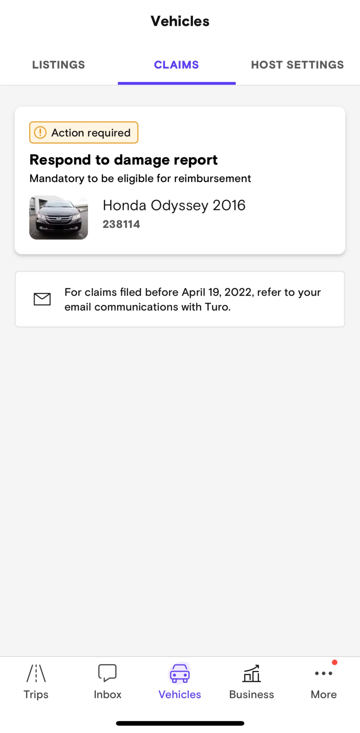Turo Screen 1 screen in the Responding to a damage report flow