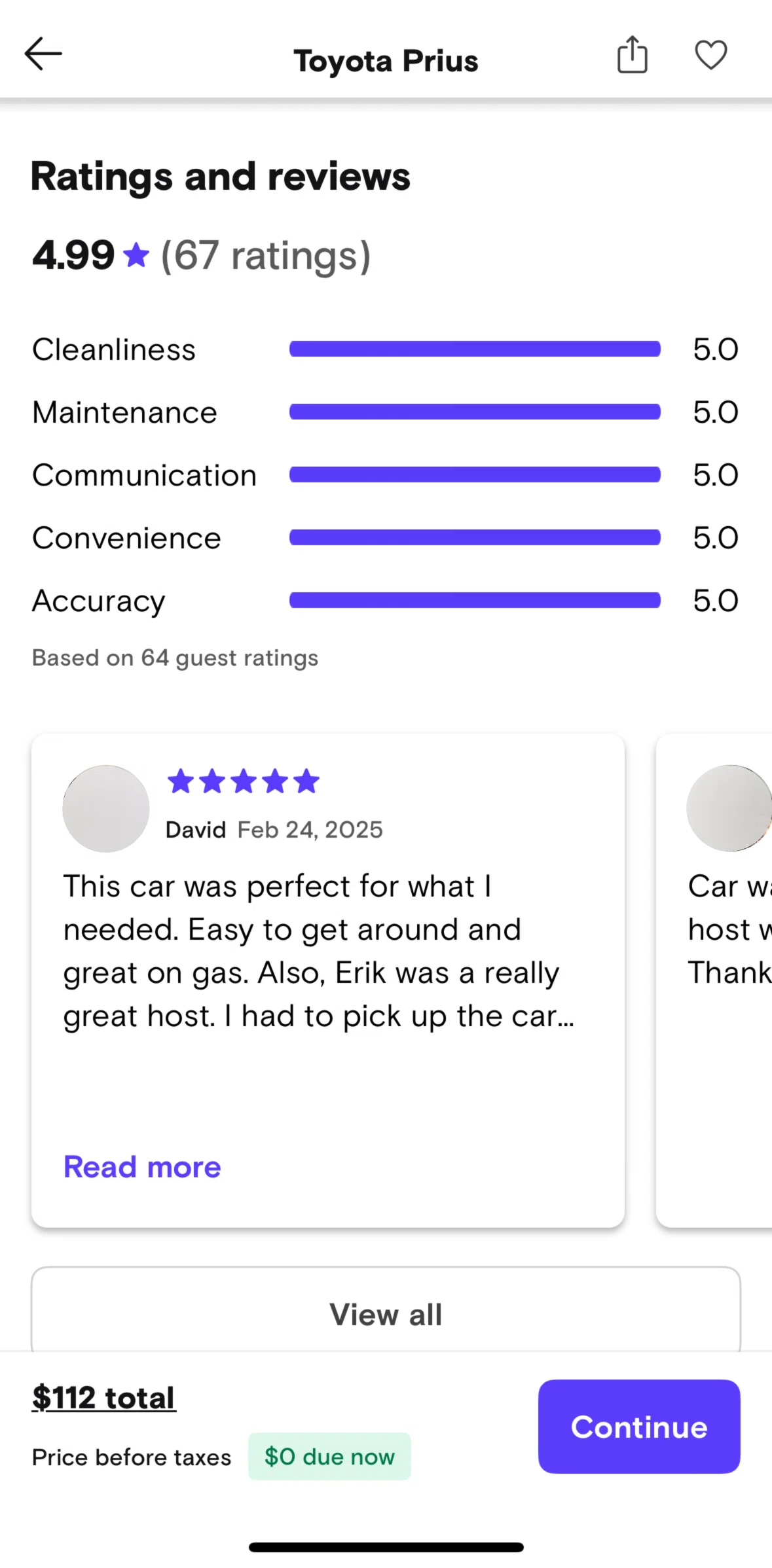Turo Screen 1 screen in the Reviews flow
