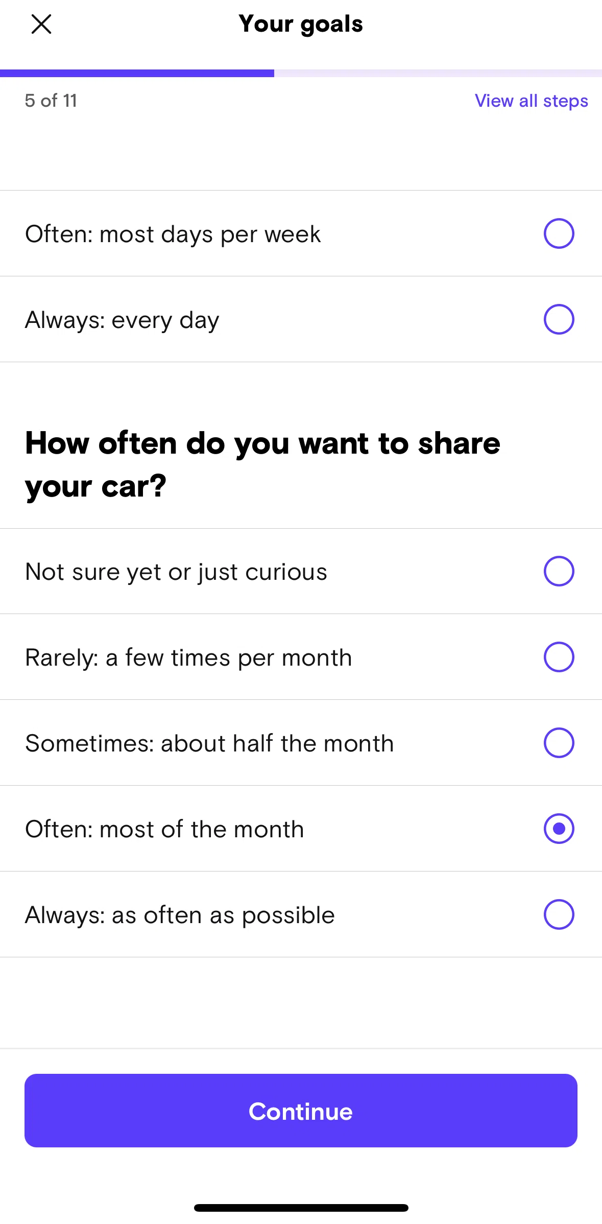 Turo Screen 1 screen in the Selecting car availability flow