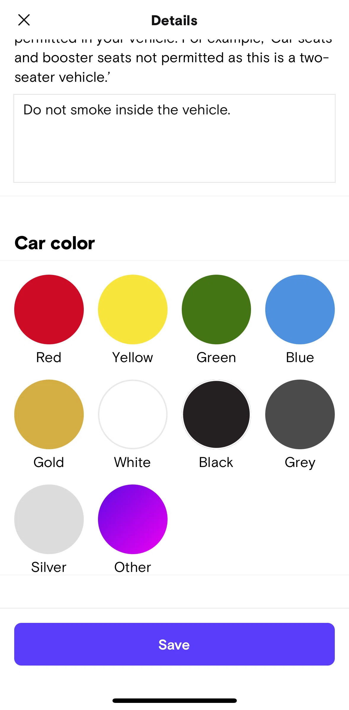 Turo Screen 1 screen in the Selecting car color flow