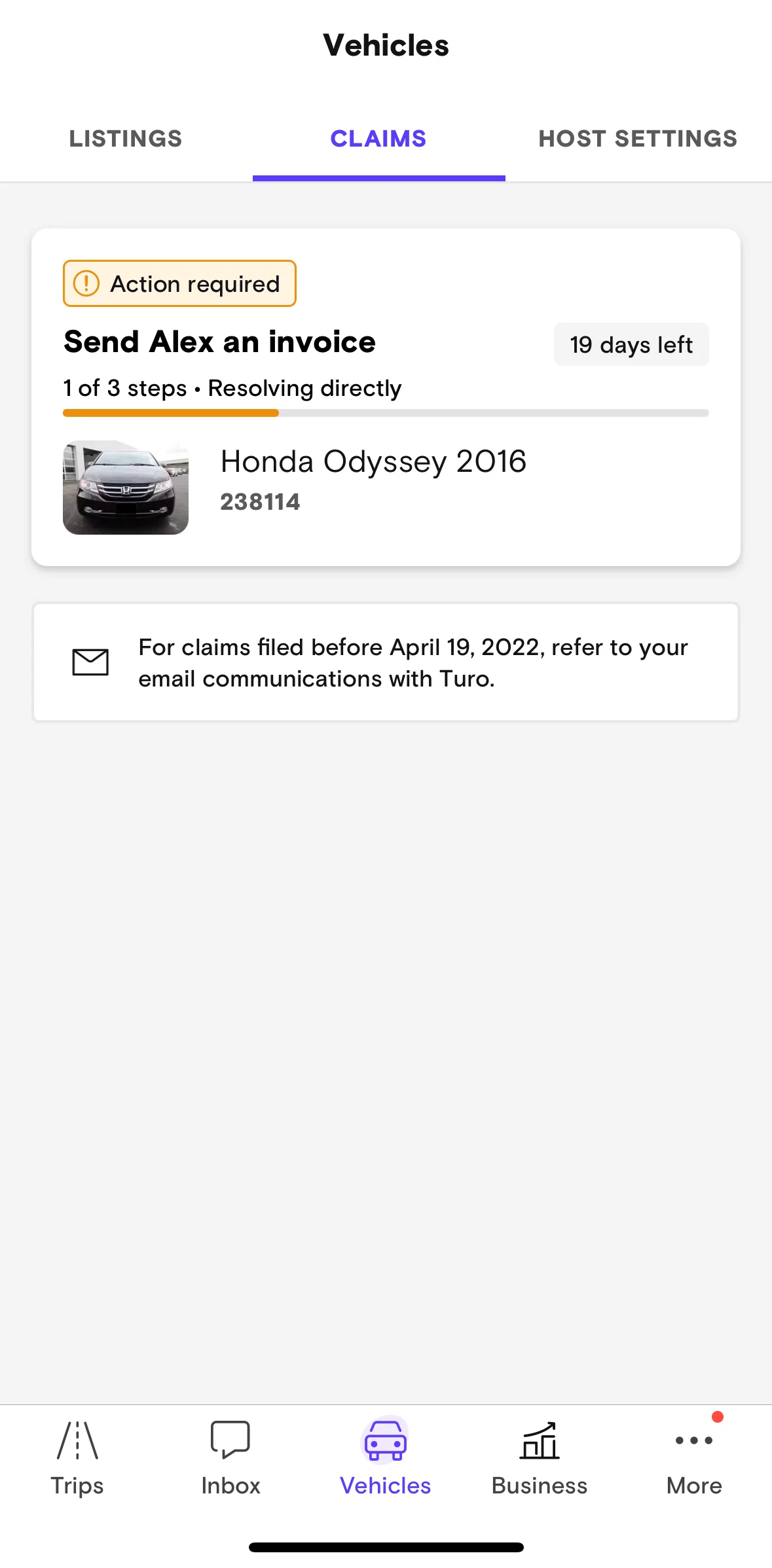 Turo Screen 1 screen in the Sending a repair invoice flow