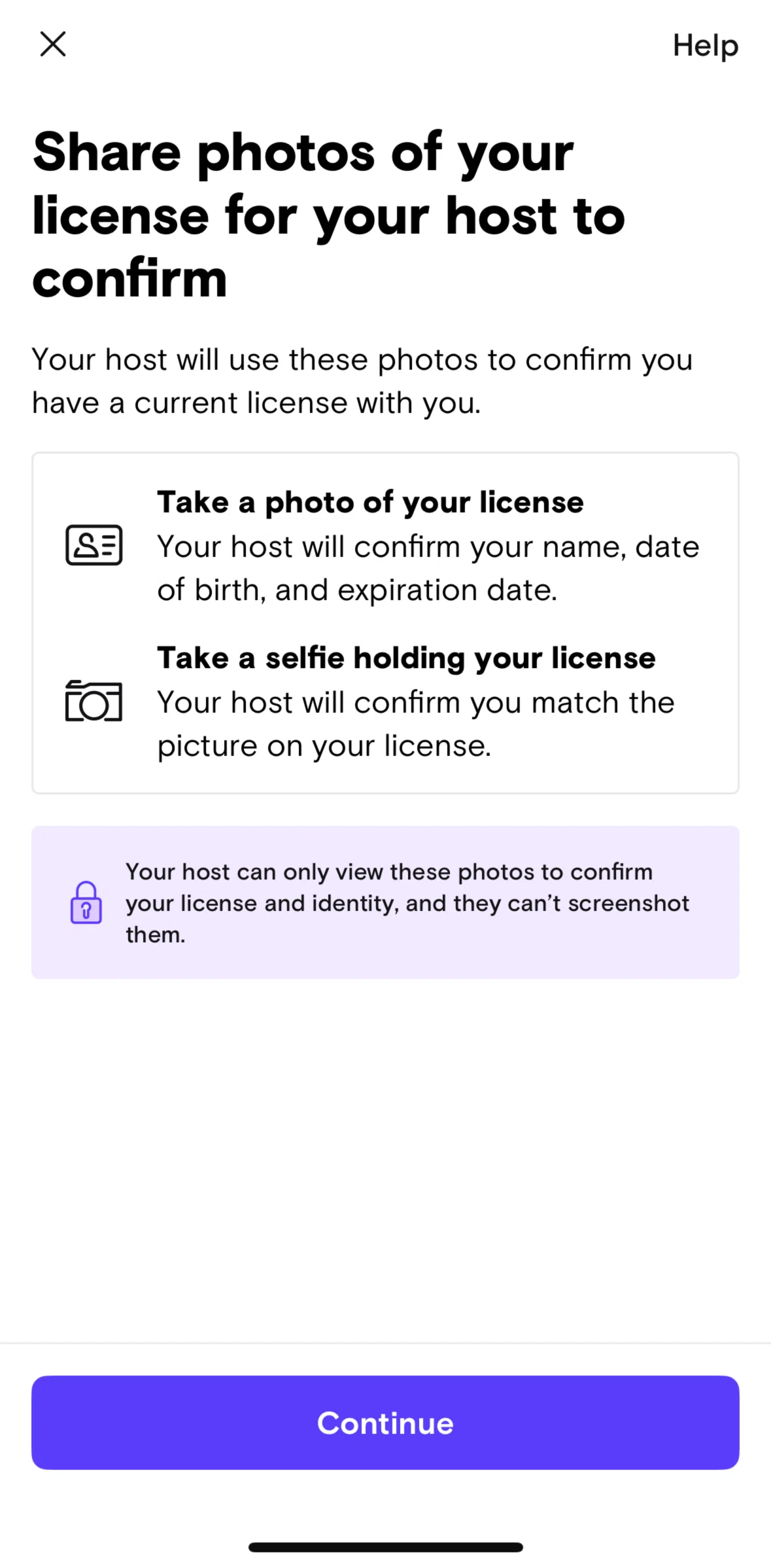 Turo Screen 1 screen in the Taking license photo flow