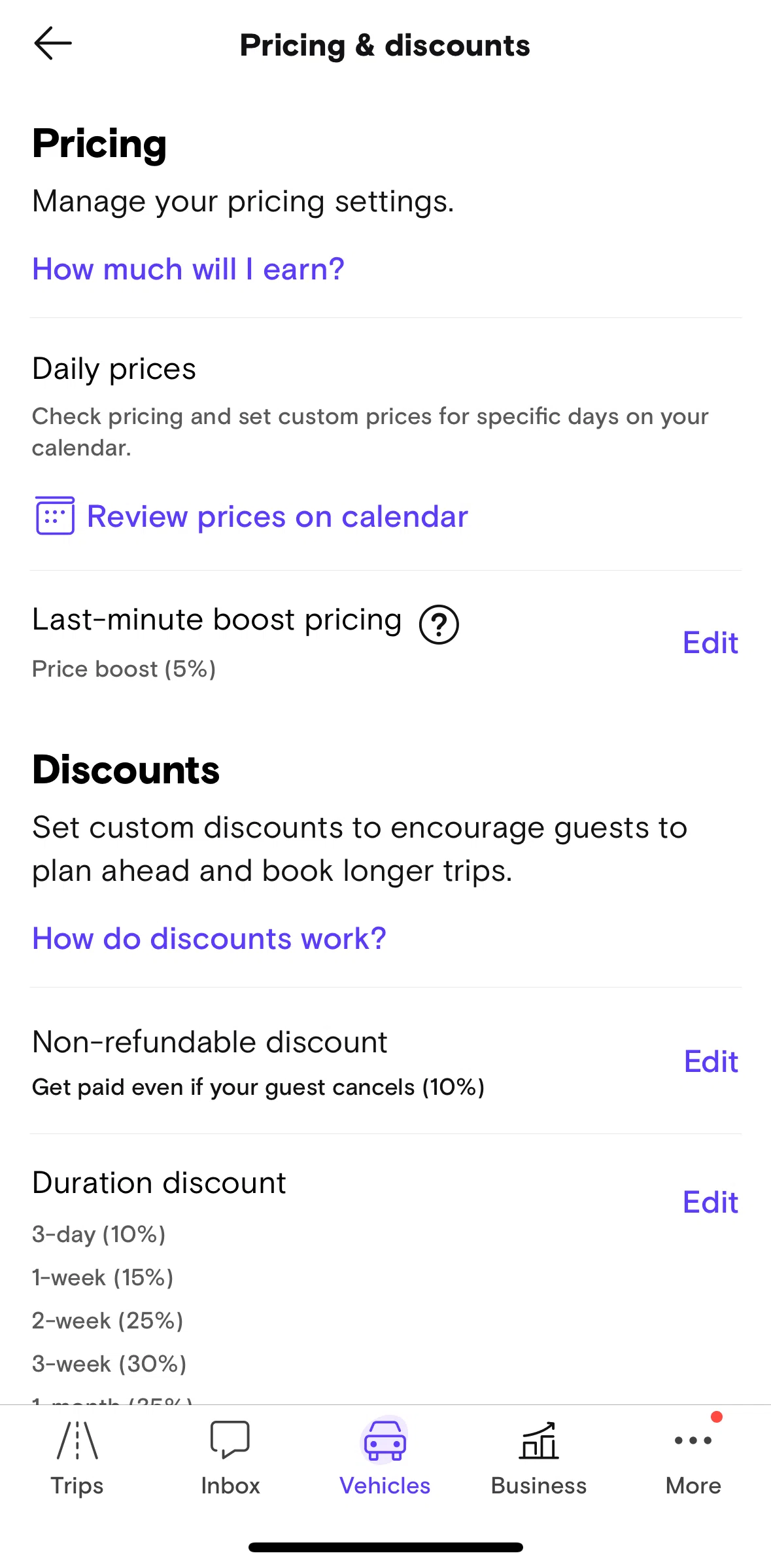 Turo Screen 1 screen in the Updating price boost flow